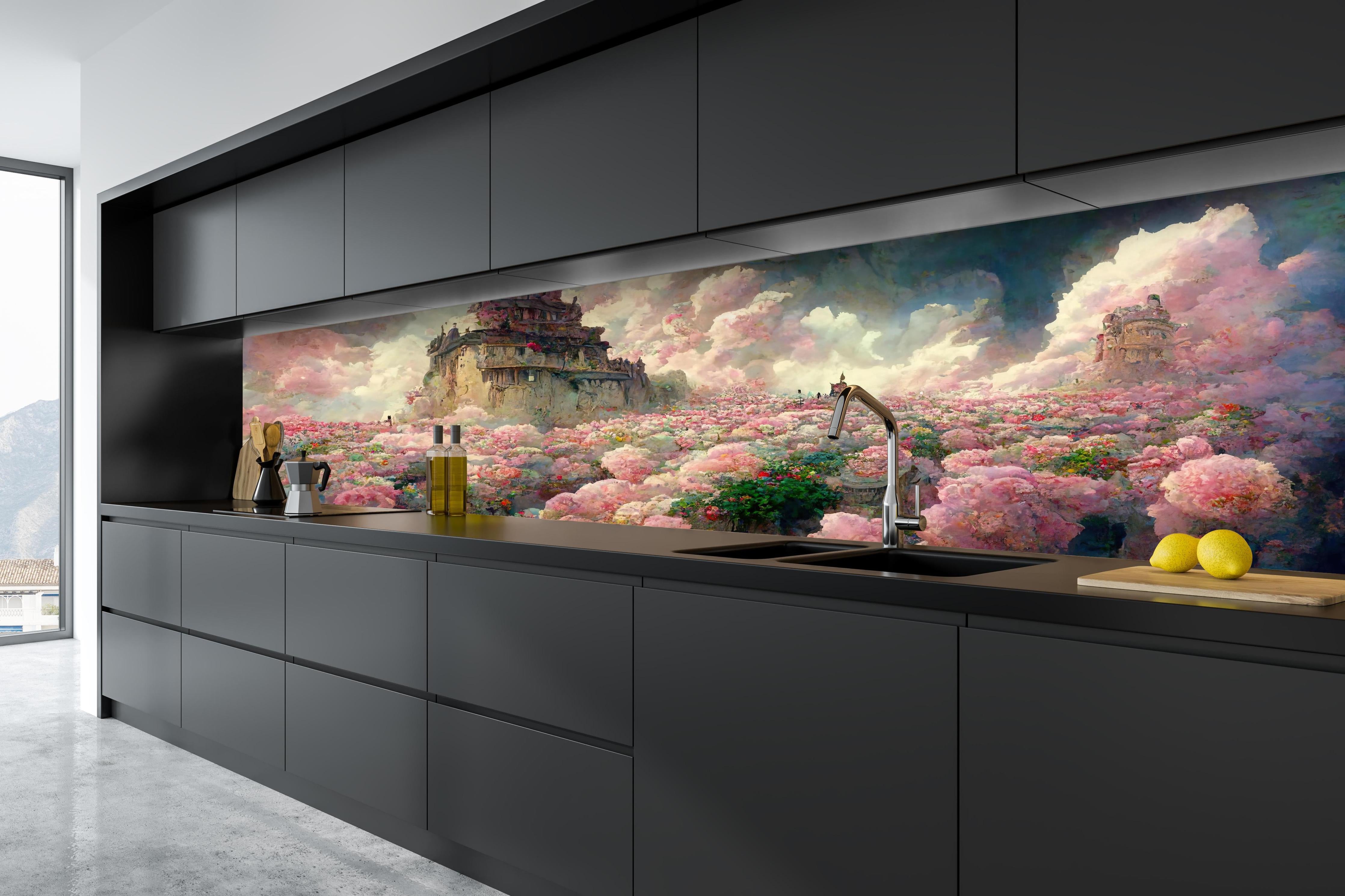 Küche - Abenteuerlicher Tempel bei sonnenuntergang hinter weißen Hochglanz-Küchenregalen und schwarzem Wasserhahn