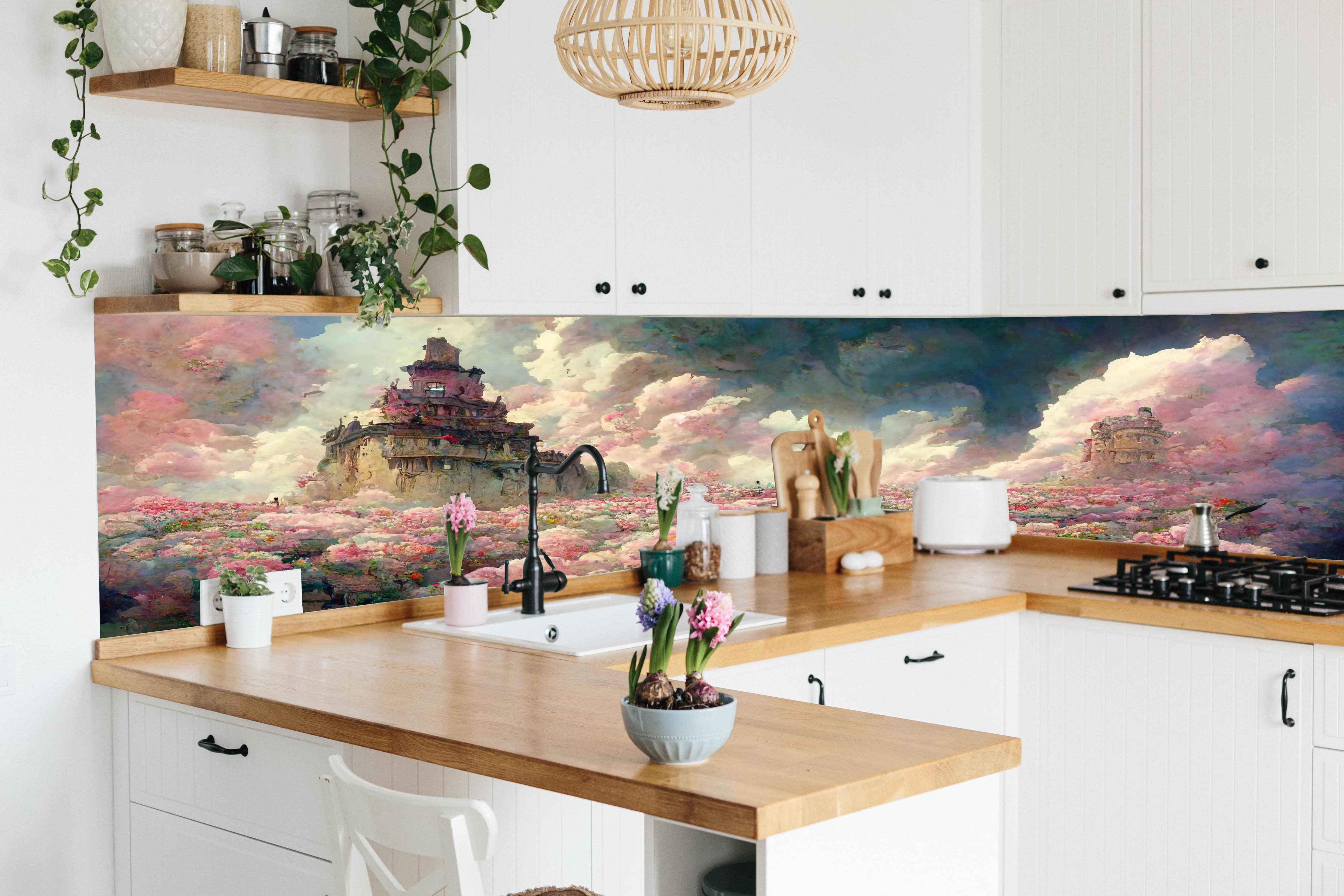 Küche - Abenteuerlicher Tempel bei sonnenuntergang hinter weißen Hochglanz-Küchenregalen und schwarzem Wasserhahn