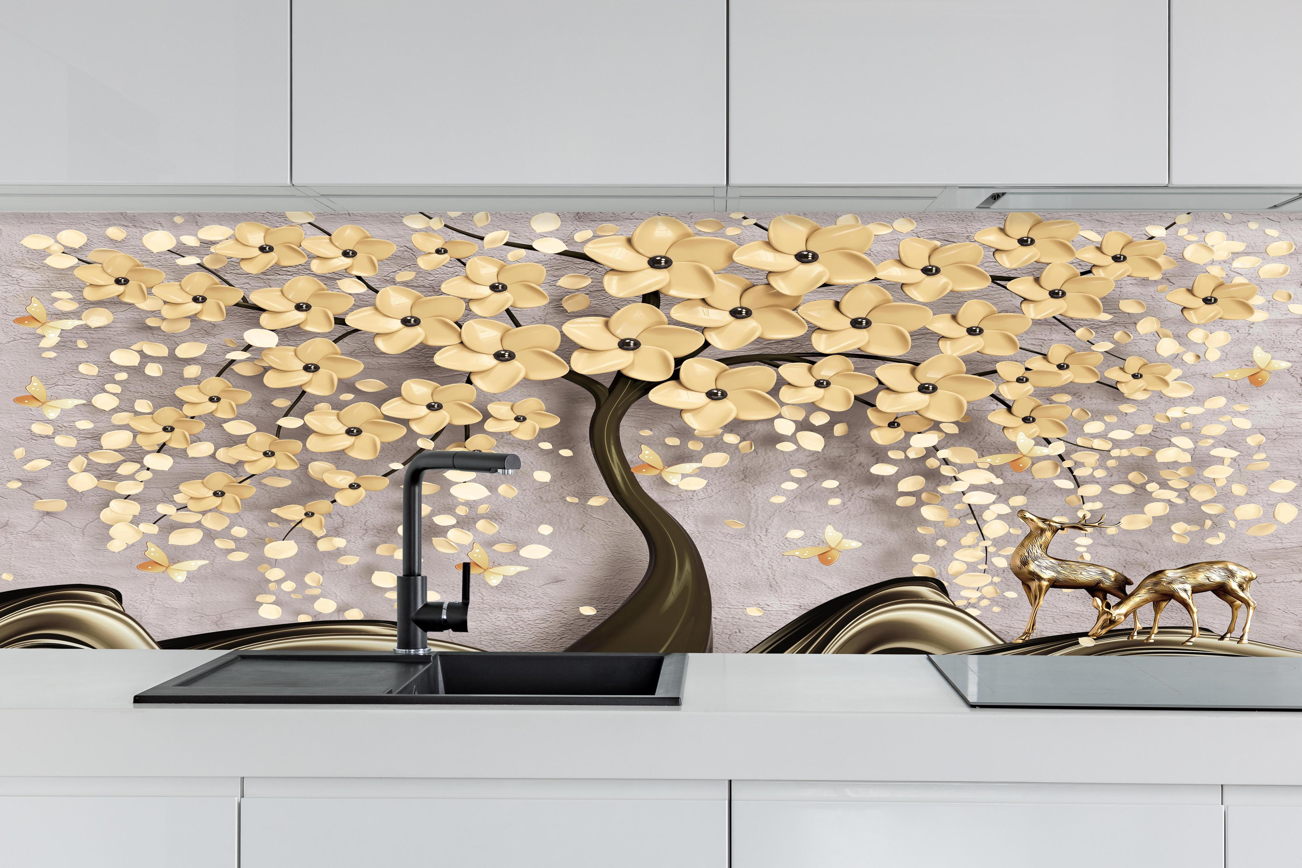 Küche - Abstrakte Baum Struktur hinter weißen Hochglanz-Küchenregalen und schwarzem Wasserhahn