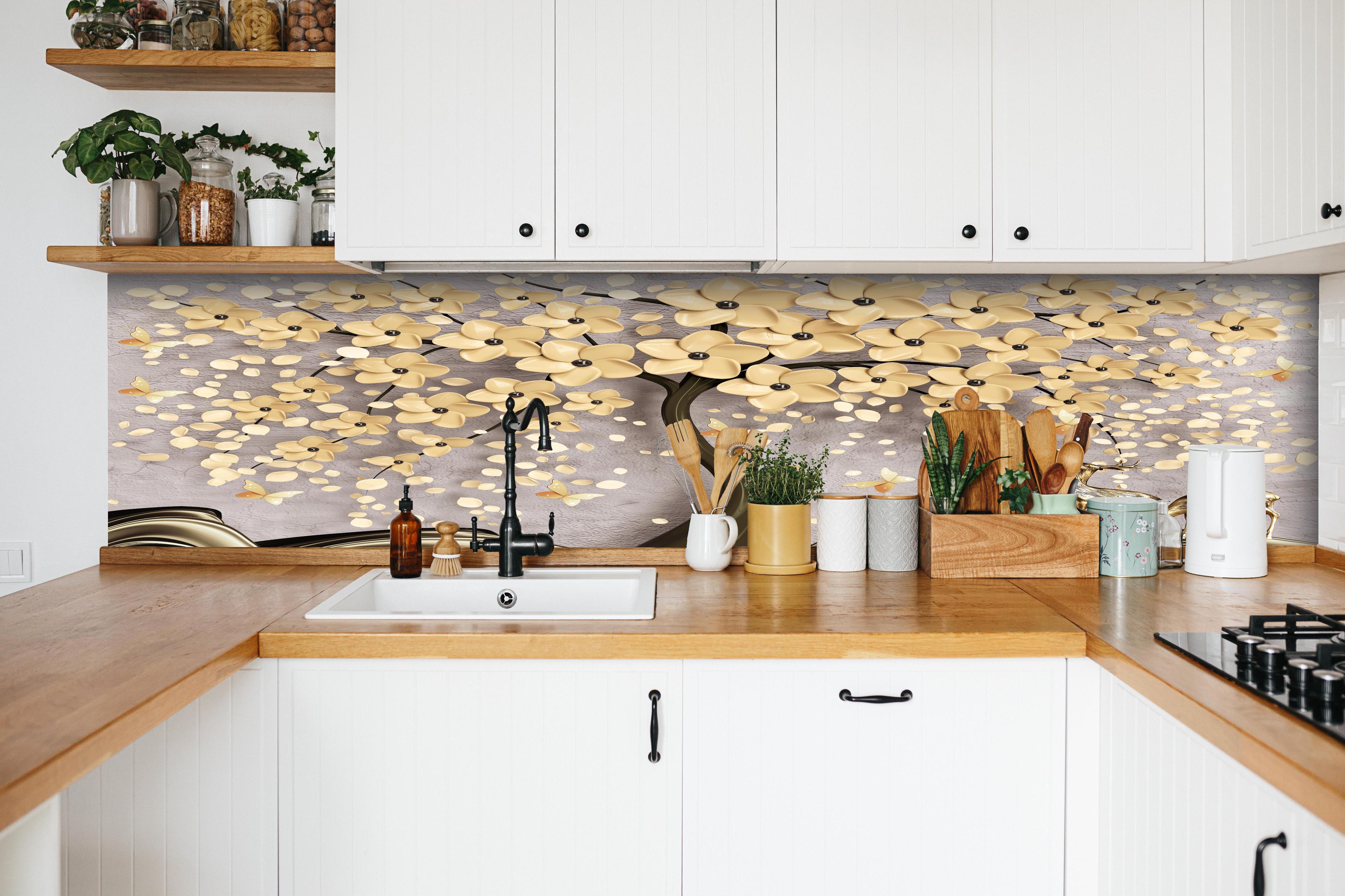 Küche - Abstrakte Baum Struktur hinter weißen Hochglanz-Küchenregalen und schwarzem Wasserhahn