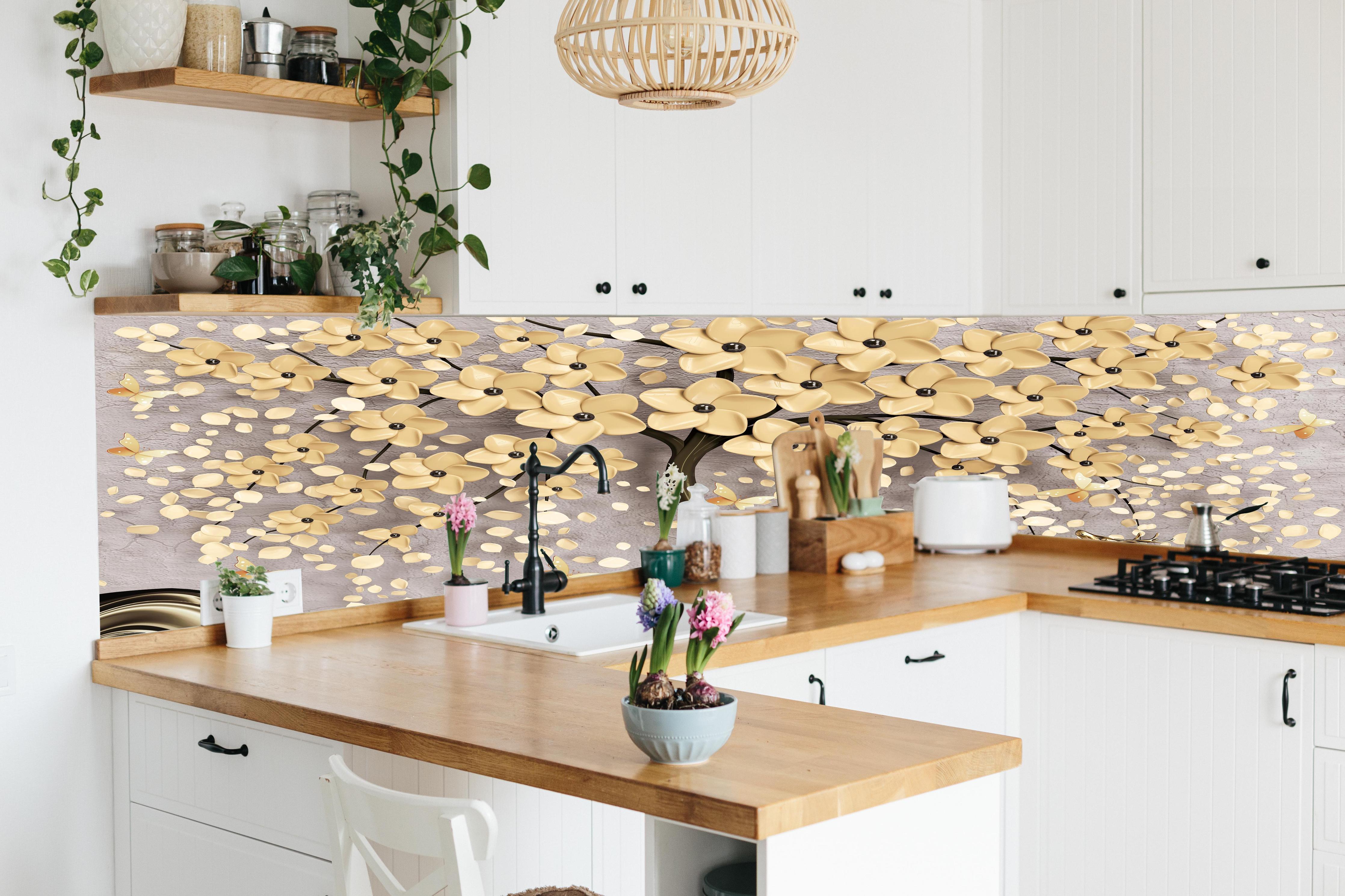 Küche - Abstrakte Baum Struktur hinter weißen Hochglanz-Küchenregalen und schwarzem Wasserhahn