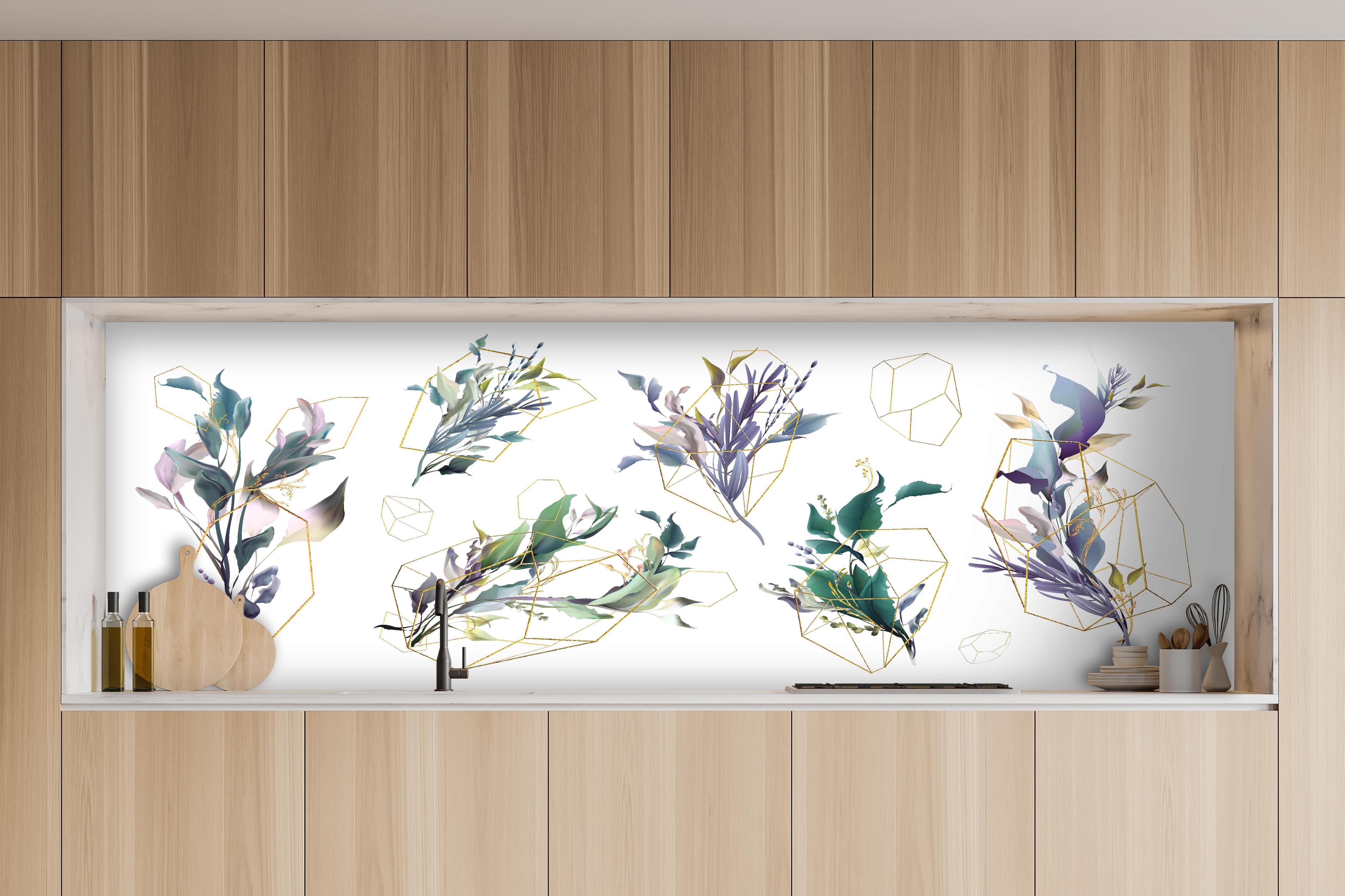 Küche - Abstrakte Blumen und Geometrie Illustration hinter weißen Hochglanz-Küchenregalen und schwarzem Wasserhahn