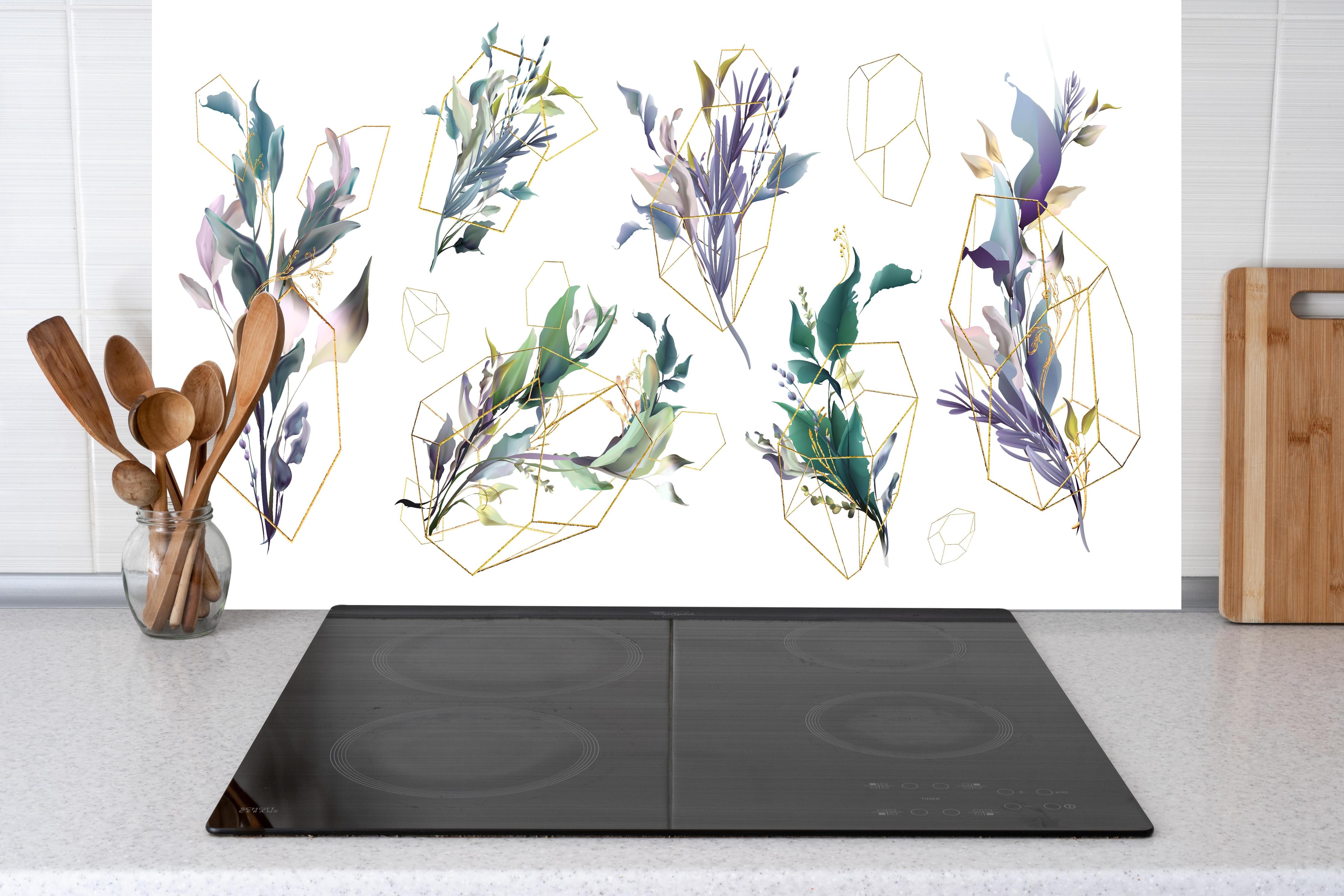 Küche - Abstrakte Blumen und Geometrie Illustration hinter weißen Hochglanz-Küchenregalen und schwarzem Wasserhahn