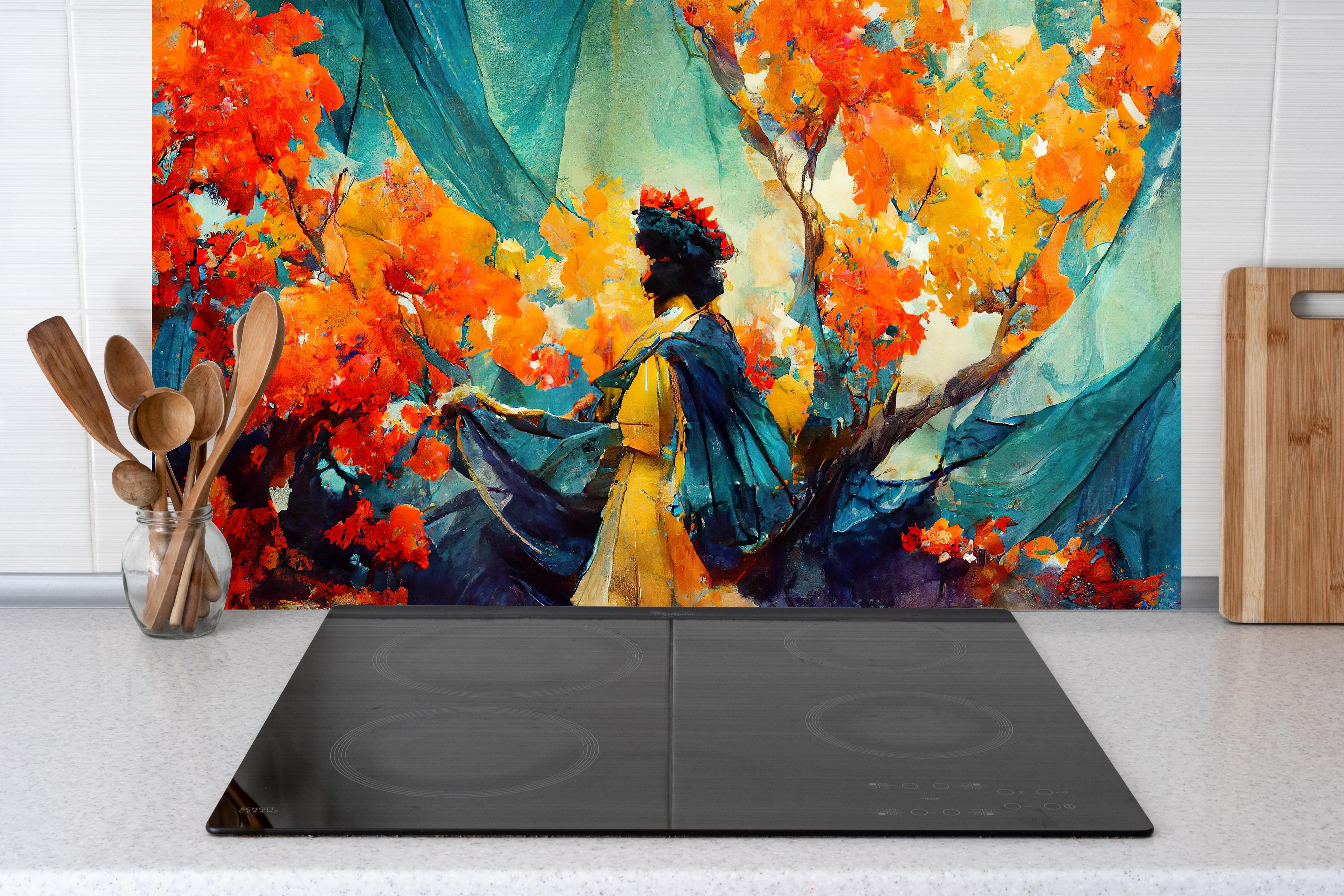 Küche - Abstrakte Kunst - Frau im Wald hinter weißen Hochglanz-Küchenregalen und schwarzem Wasserhahn