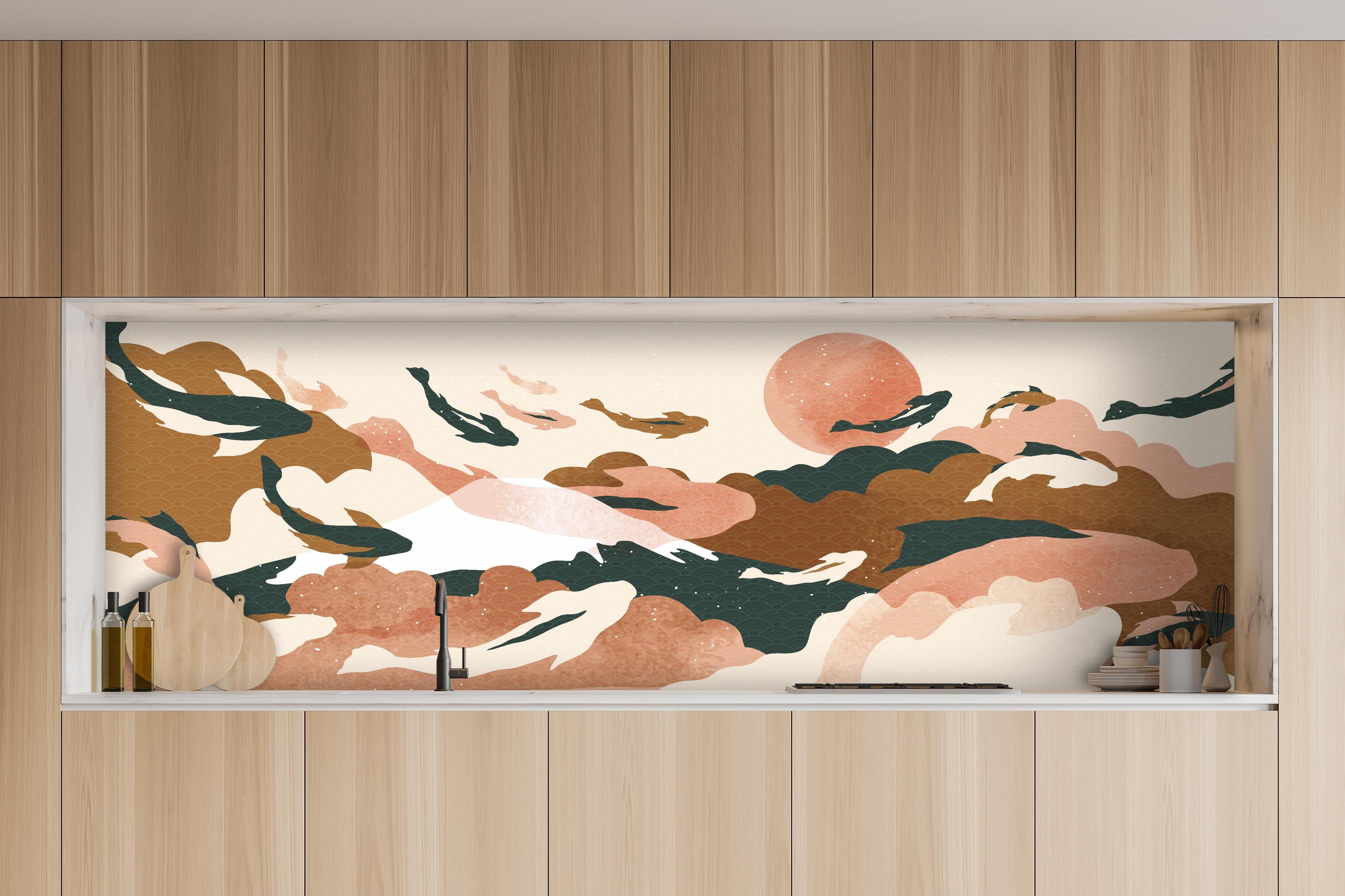 Küche - Abstrakte Landschaft in sanften Pastelltönen hinter weißen Hochglanz-Küchenregalen und schwarzem Wasserhahn