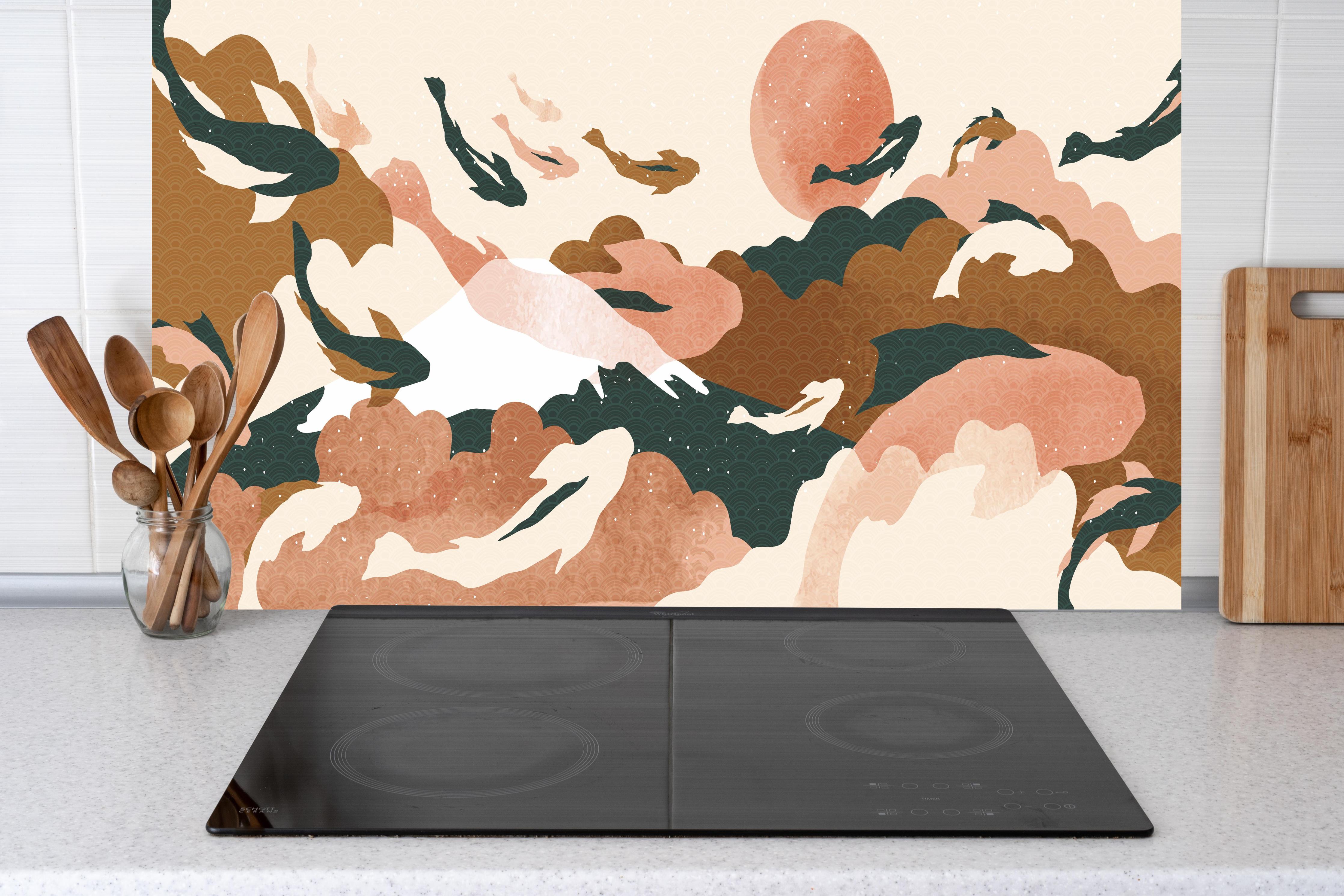 Küche - Abstrakte Landschaft in sanften Pastelltönen hinter weißen Hochglanz-Küchenregalen und schwarzem Wasserhahn