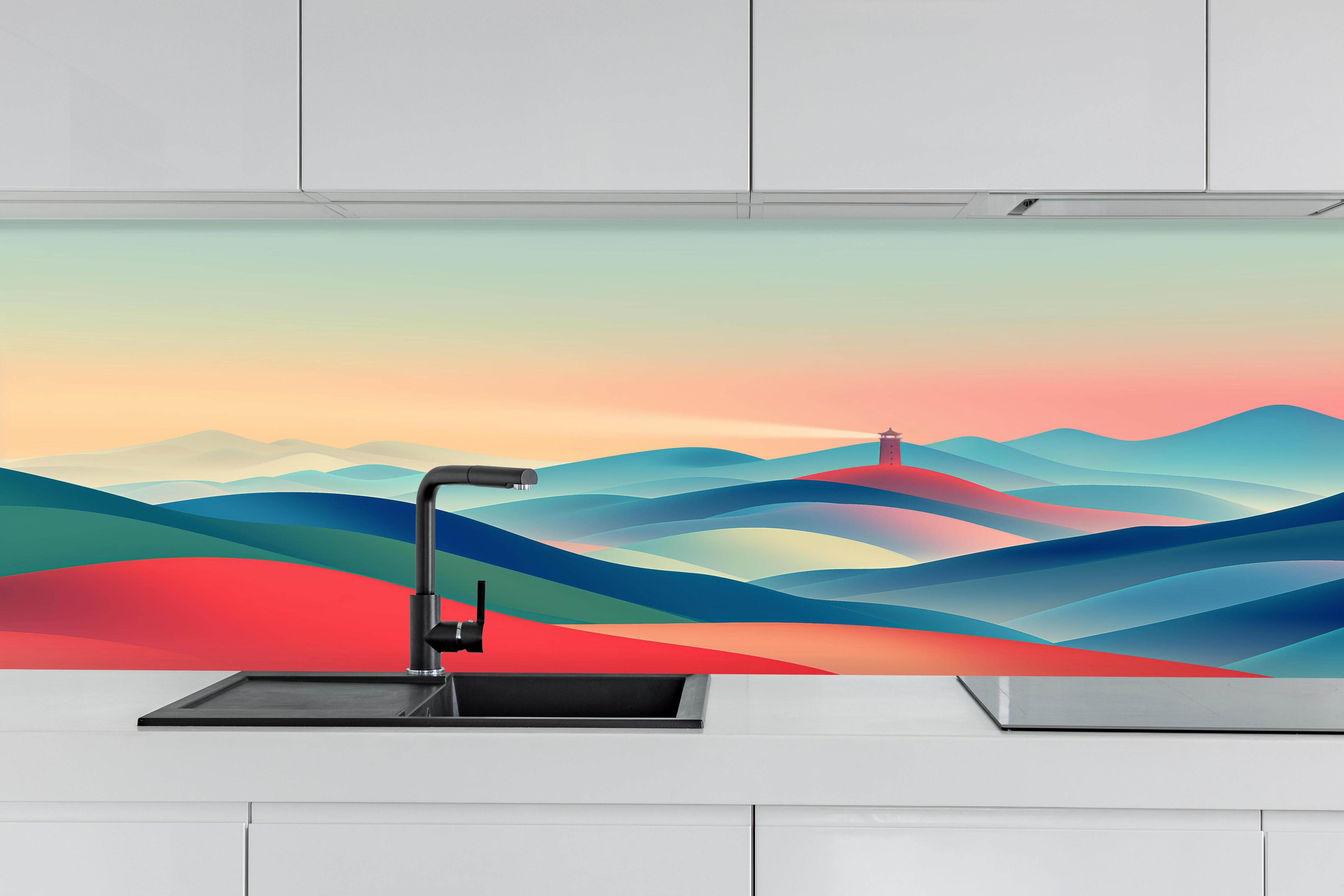 Küche - Abstrakte Landschaft mit sanften Farbverläufen und Leuchtturm im Mittelpunkt hinter weißen Hochglanz-Küchenregalen und schwarzem Wasserhahn