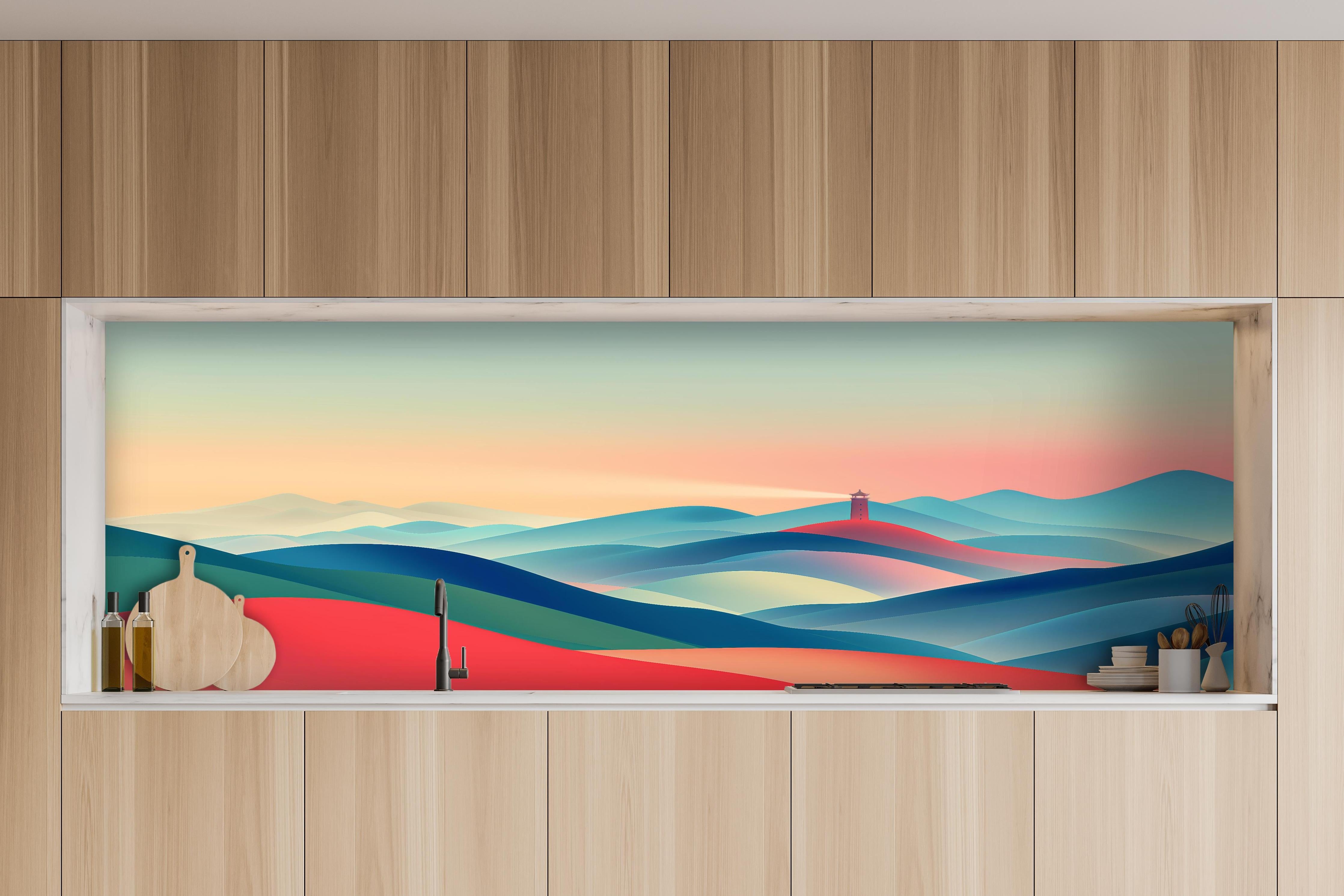 Küche - Abstrakte Landschaft mit sanften Farbverläufen und Leuchtturm im Mittelpunkt hinter weißen Hochglanz-Küchenregalen und schwarzem Wasserhahn