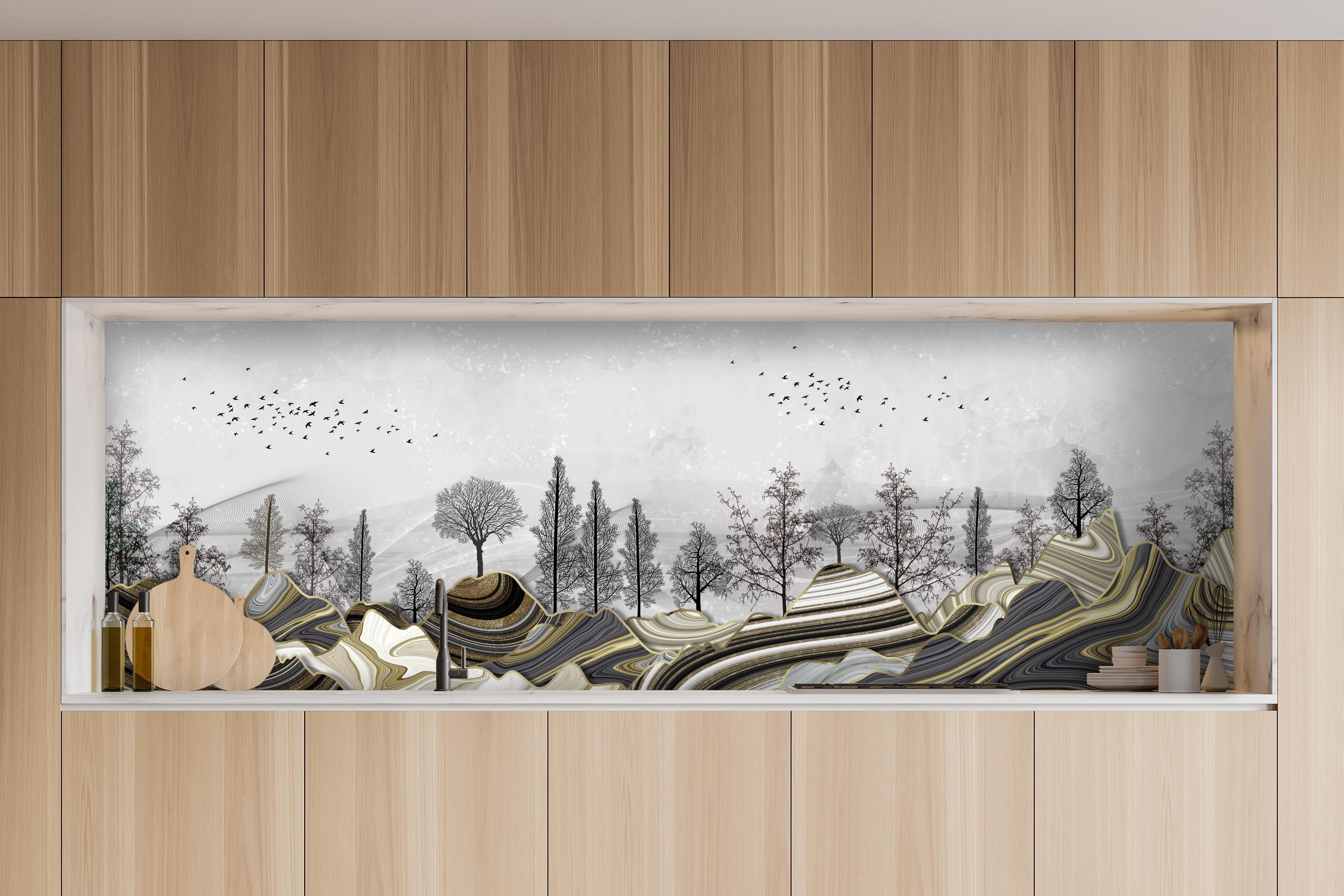 Küche - Abstrakte Landschafts- Zeichnung hinter weißen Hochglanz-Küchenregalen und schwarzem Wasserhahn