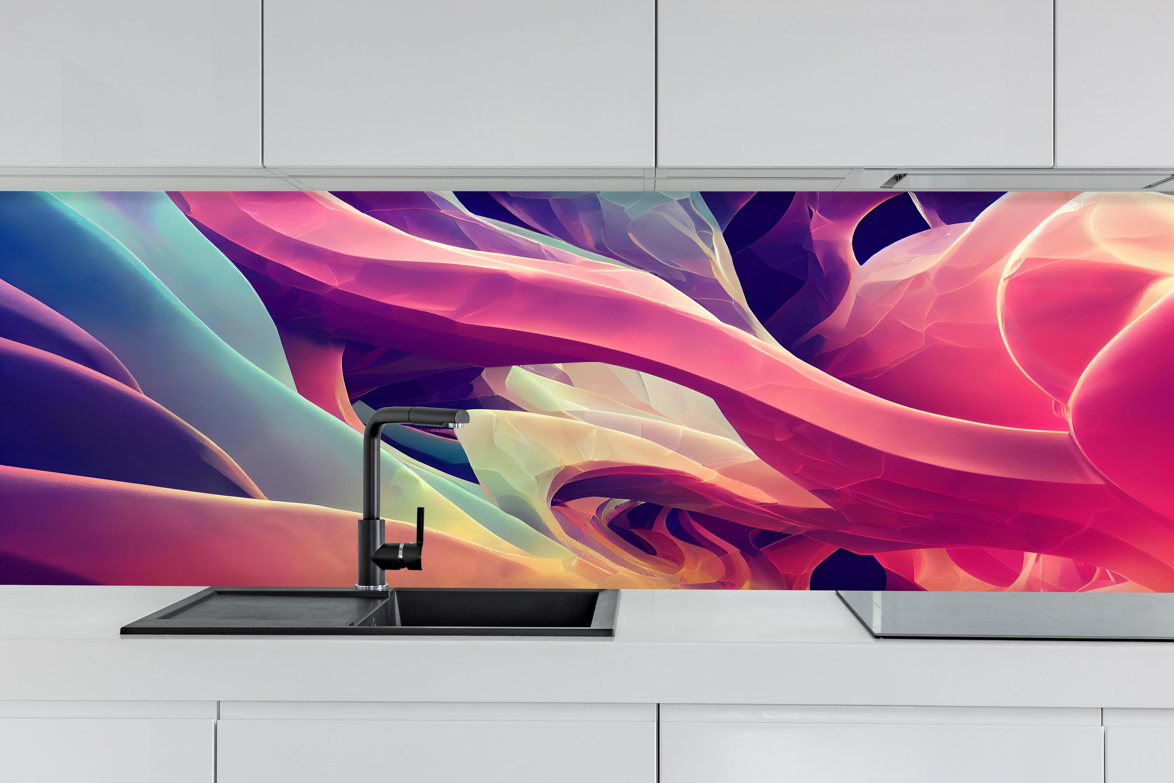 Küche - Abstrakte bunte Wellen hinter weißen Hochglanz-Küchenregalen und schwarzem Wasserhahn