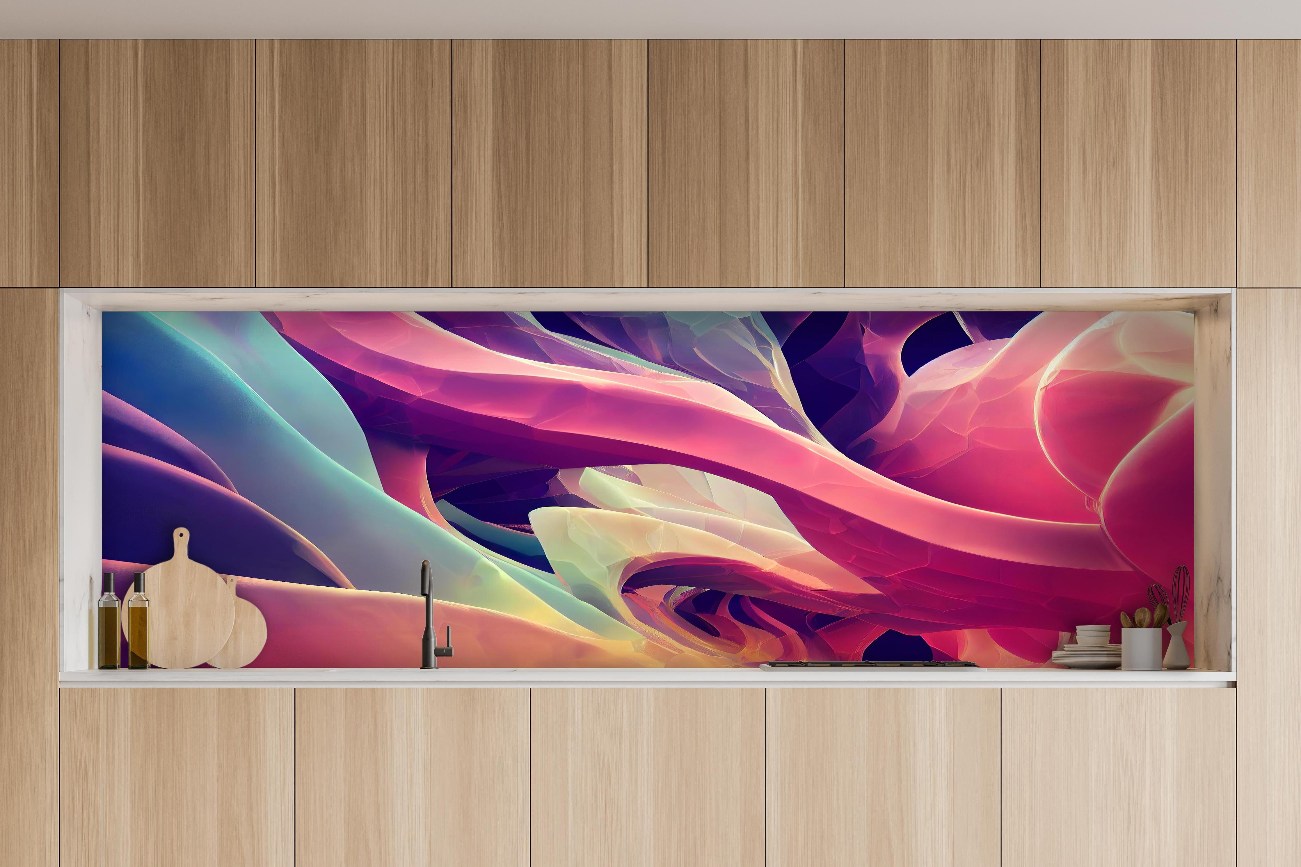 Küche - Abstrakte bunte Wellen hinter weißen Hochglanz-Küchenregalen und schwarzem Wasserhahn