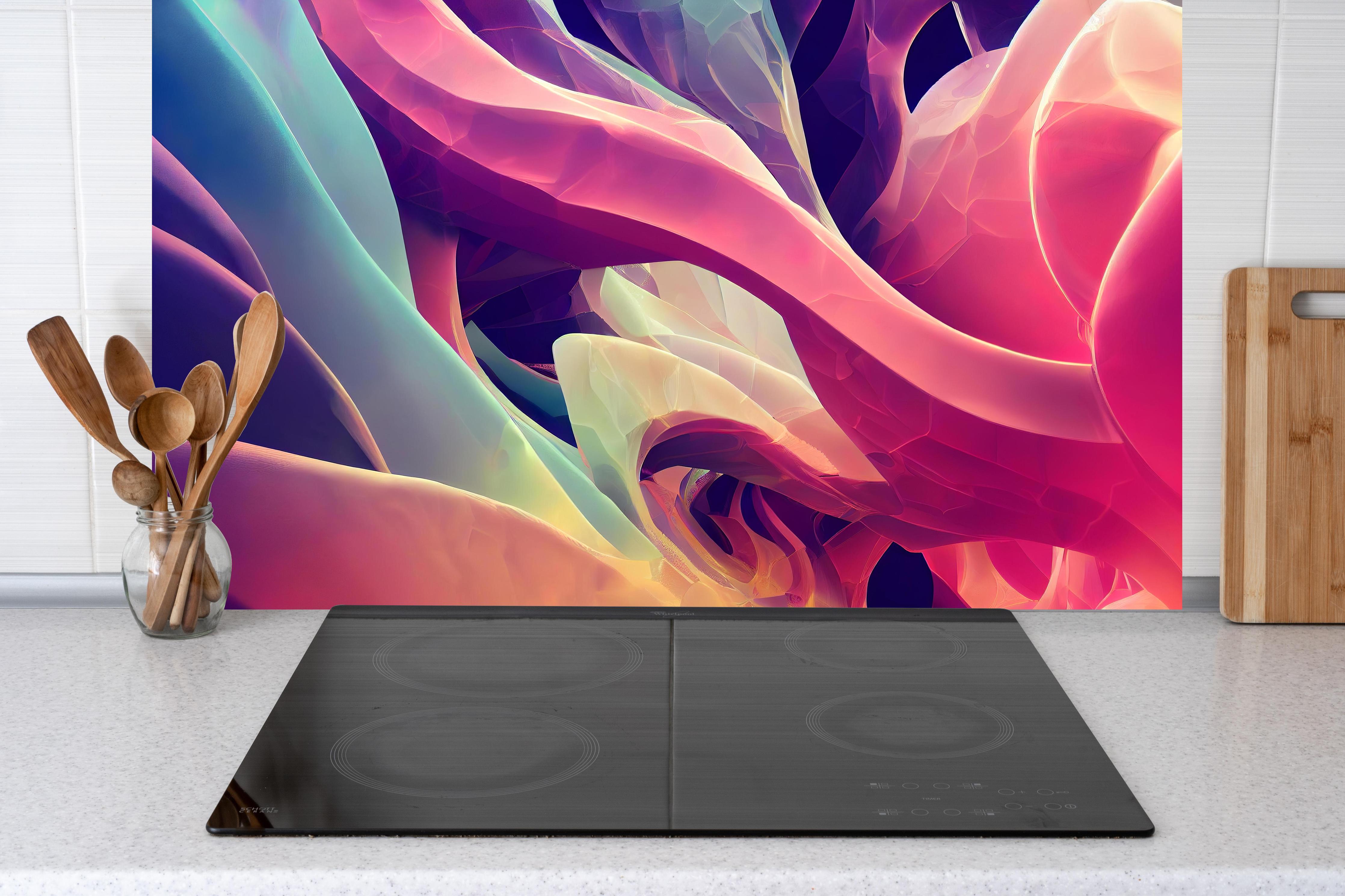 Küche - Abstrakte bunte Wellen hinter weißen Hochglanz-Küchenregalen und schwarzem Wasserhahn