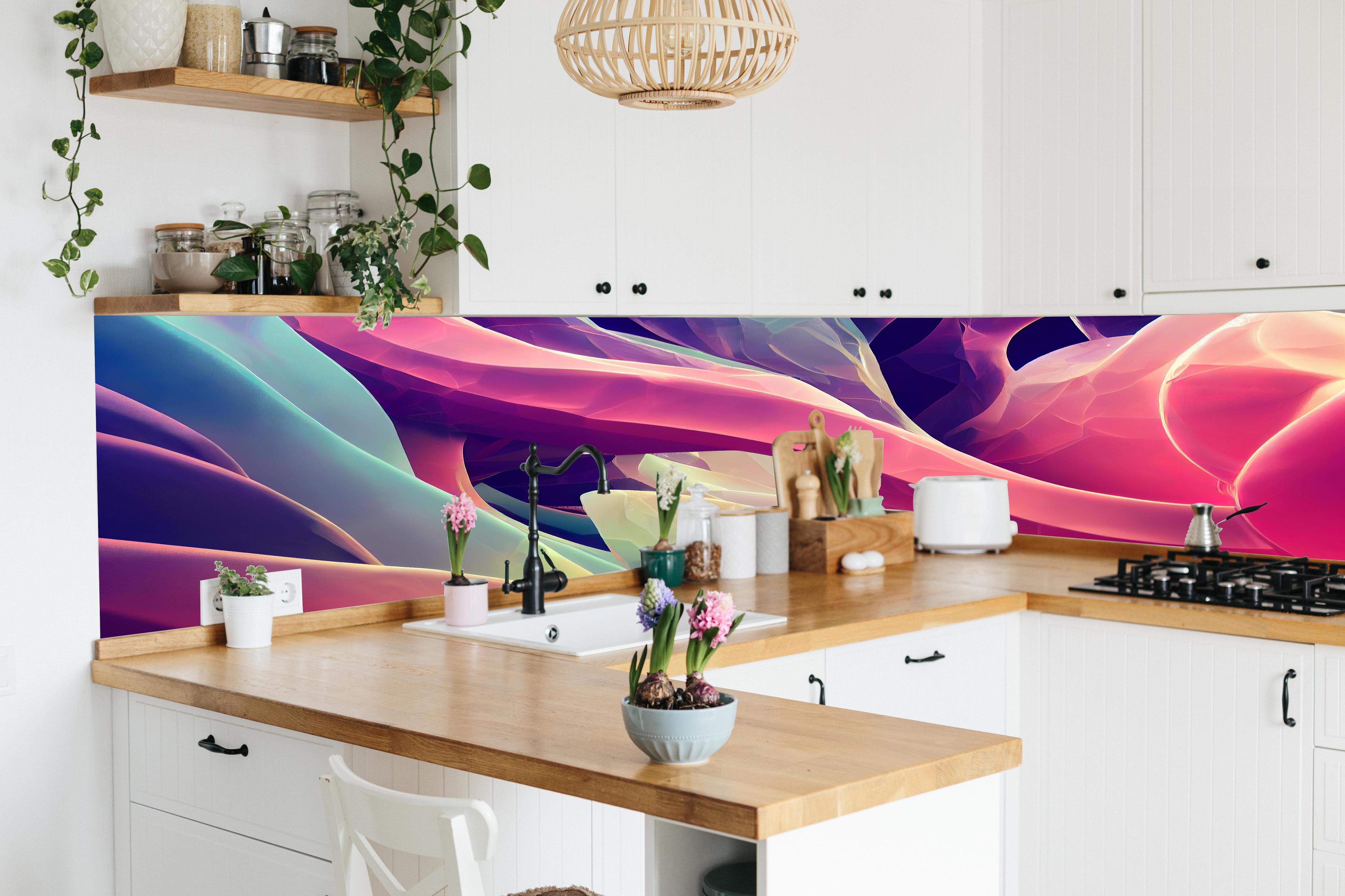 Küche - Abstrakte bunte Wellen hinter weißen Hochglanz-Küchenregalen und schwarzem Wasserhahn