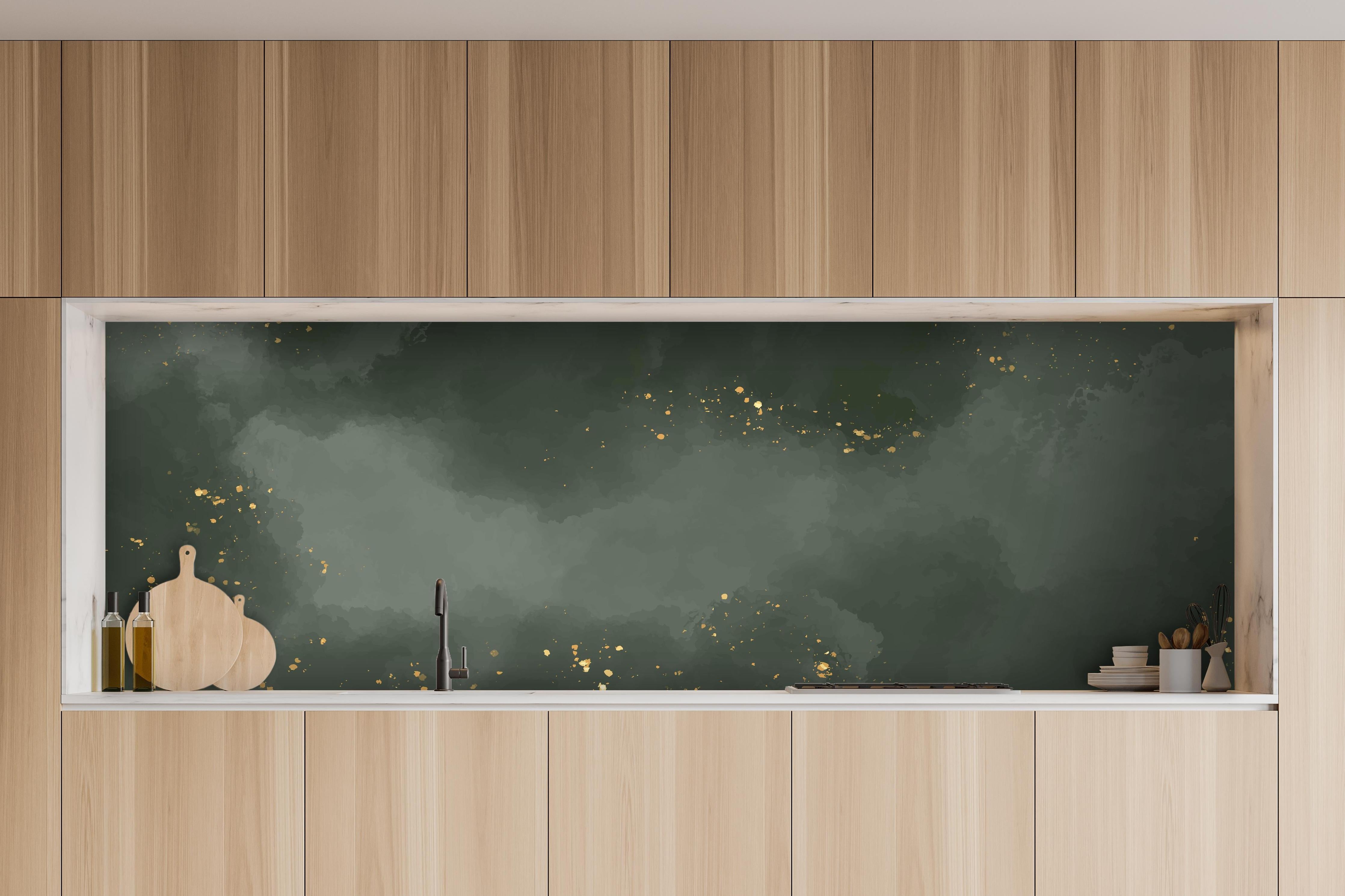 Küche - Abstrakte dunkelgraue Wolkentextur mit Glitzereffekt hinter weißen Hochglanz-Küchenregalen und schwarzem Wasserhahn