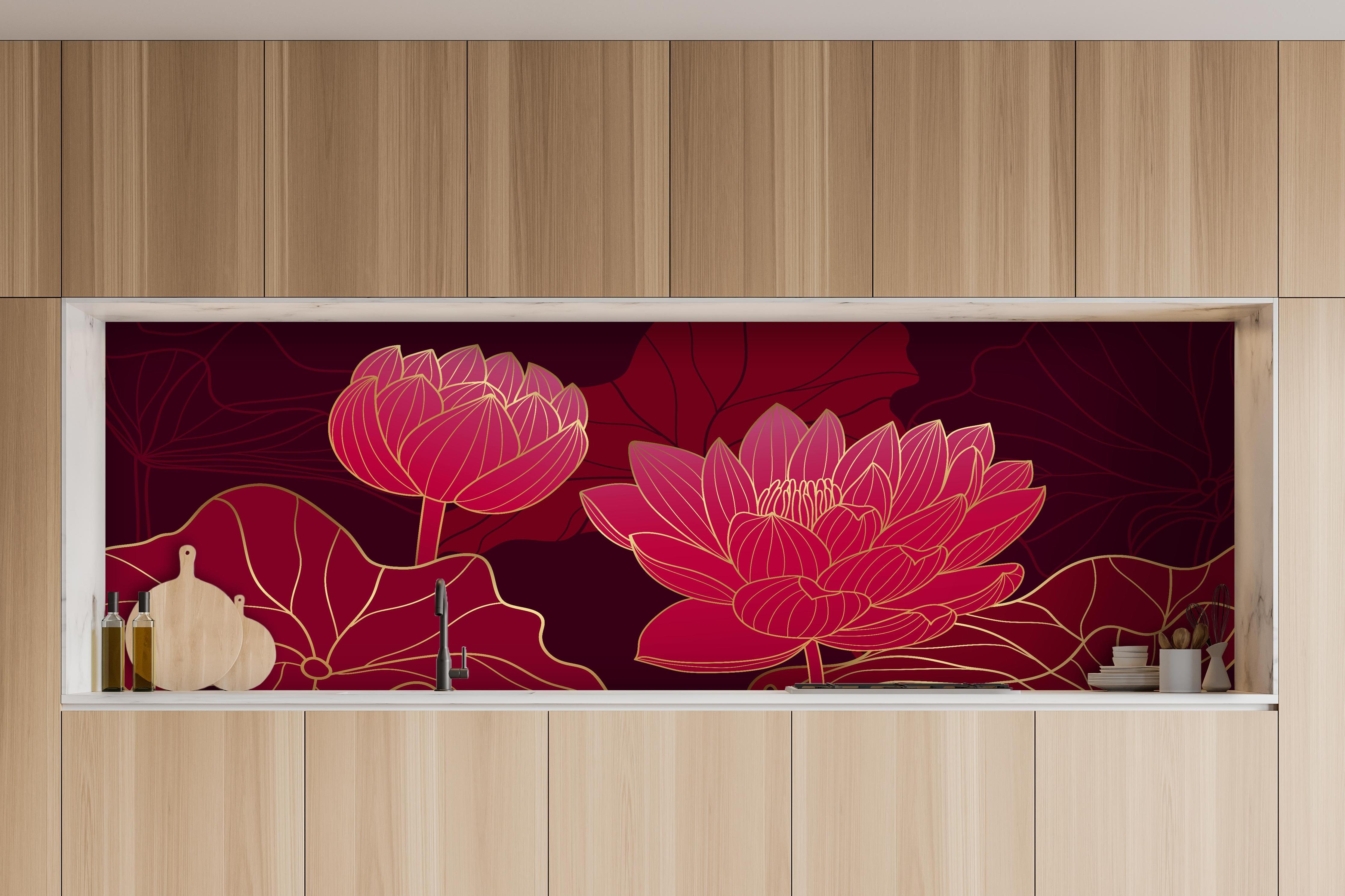 Küche - Abstrakte rote Lotusblüten Illustration hinter weißen Hochglanz-Küchenregalen und schwarzem Wasserhahn