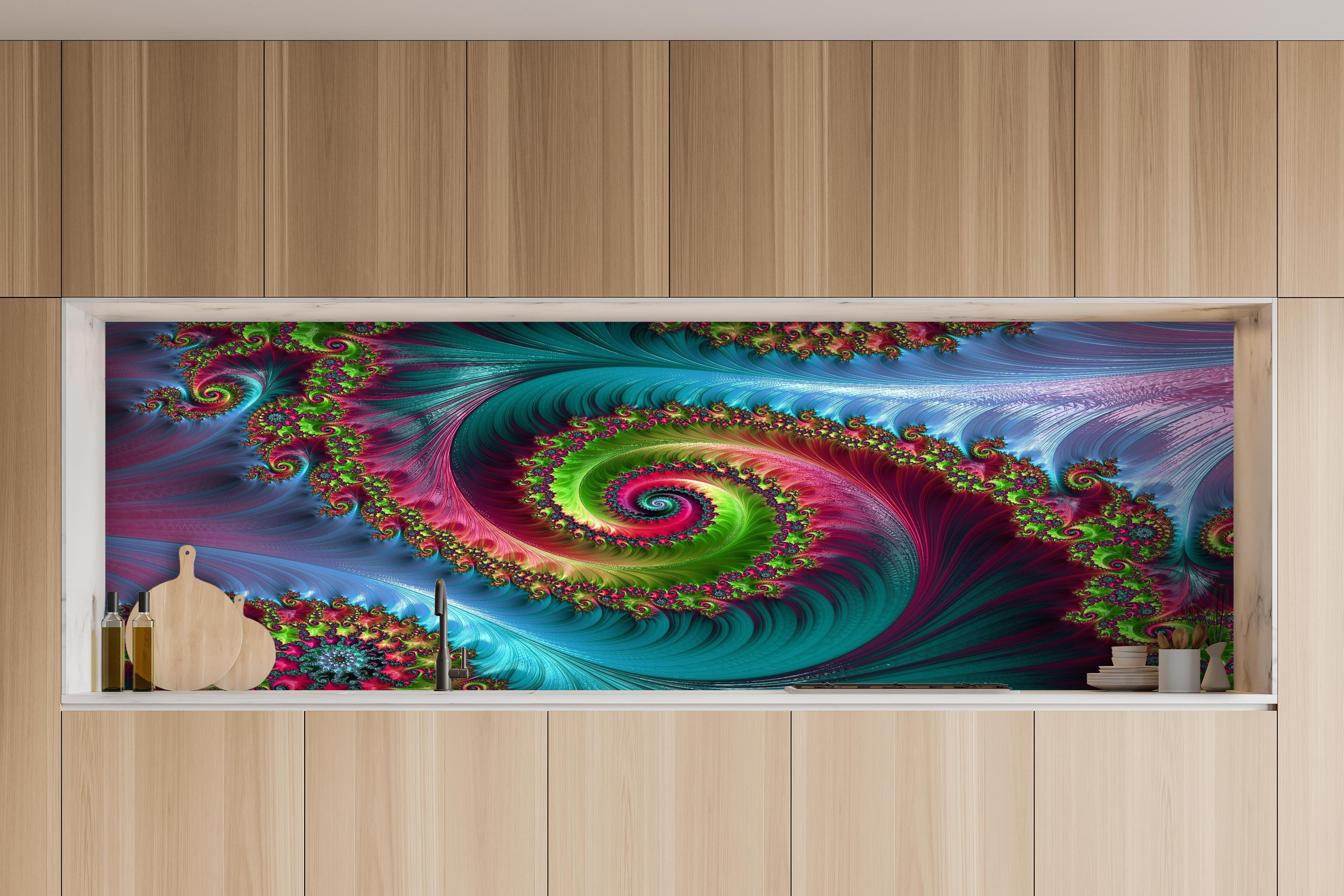 Küche - Abstraktes Tentakelmuster hinter weißen Hochglanz-Küchenregalen und schwarzem Wasserhahn