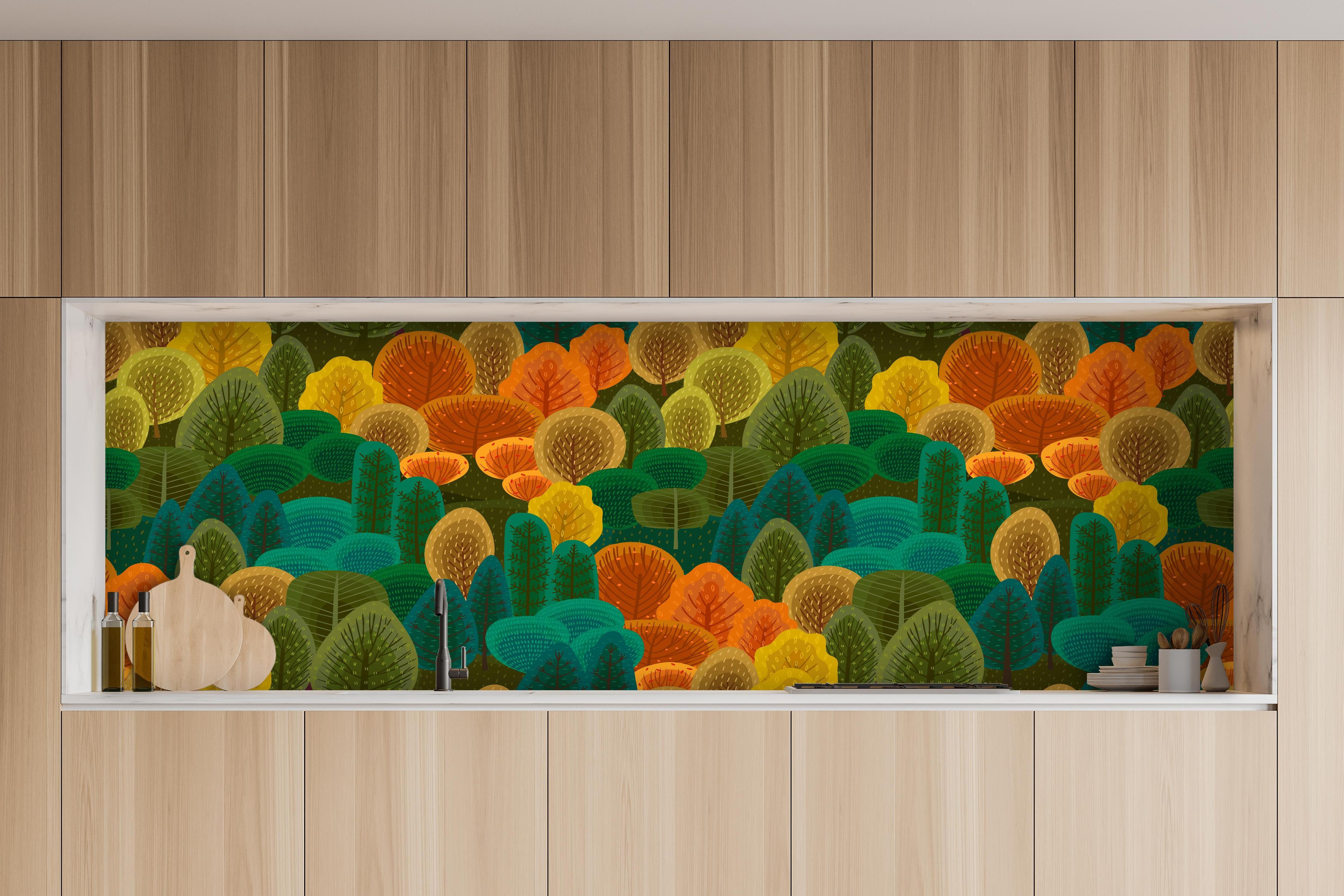 Küche - Abstraktes Waldmuster in Herbstfarben Design hinter weißen Hochglanz-Küchenregalen und schwarzem Wasserhahn