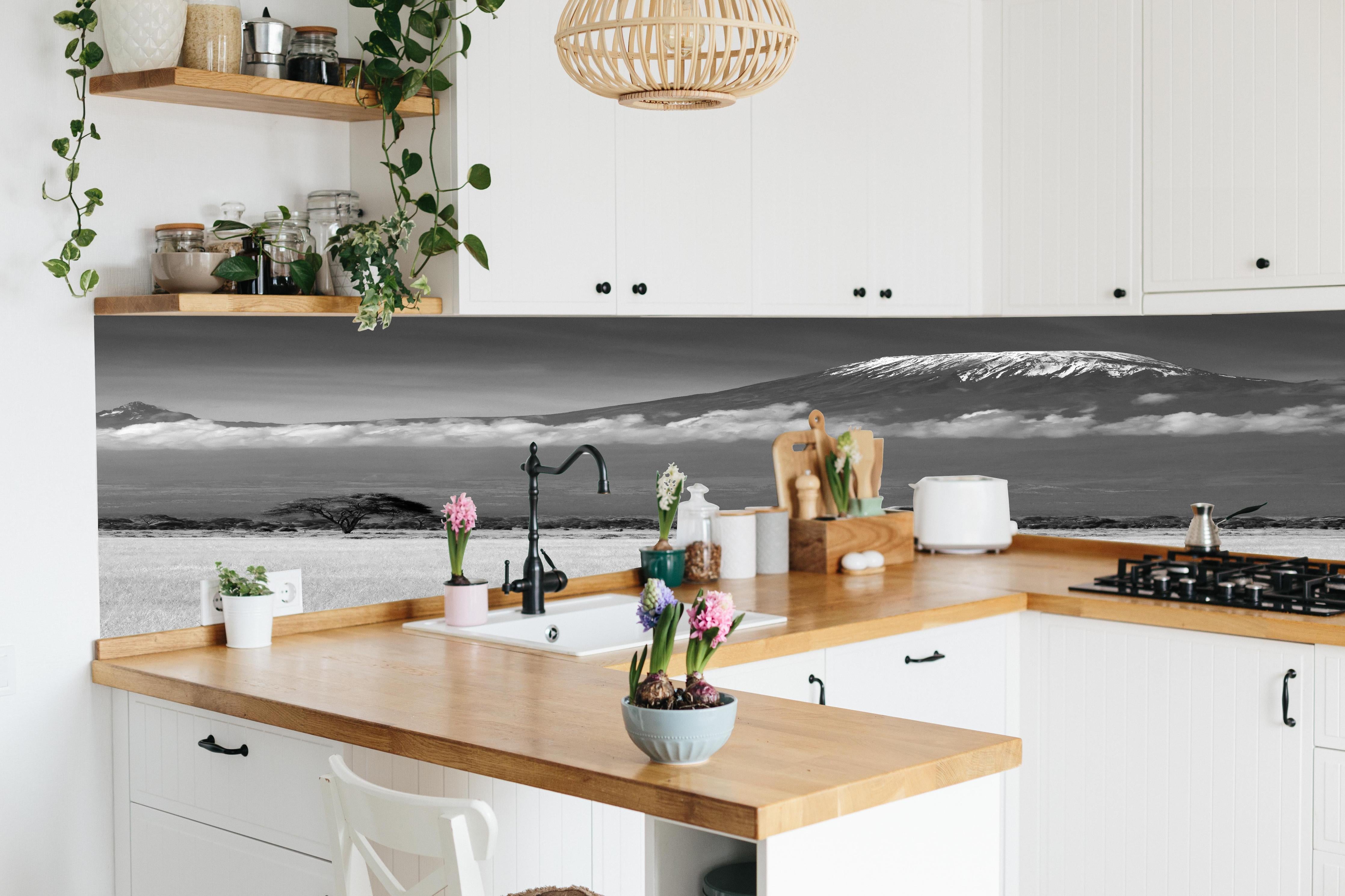 Küche - Afrikanische Landschaft - Schwarz-weiß hinter weißen Hochglanz-Küchenregalen und schwarzem Wasserhahn