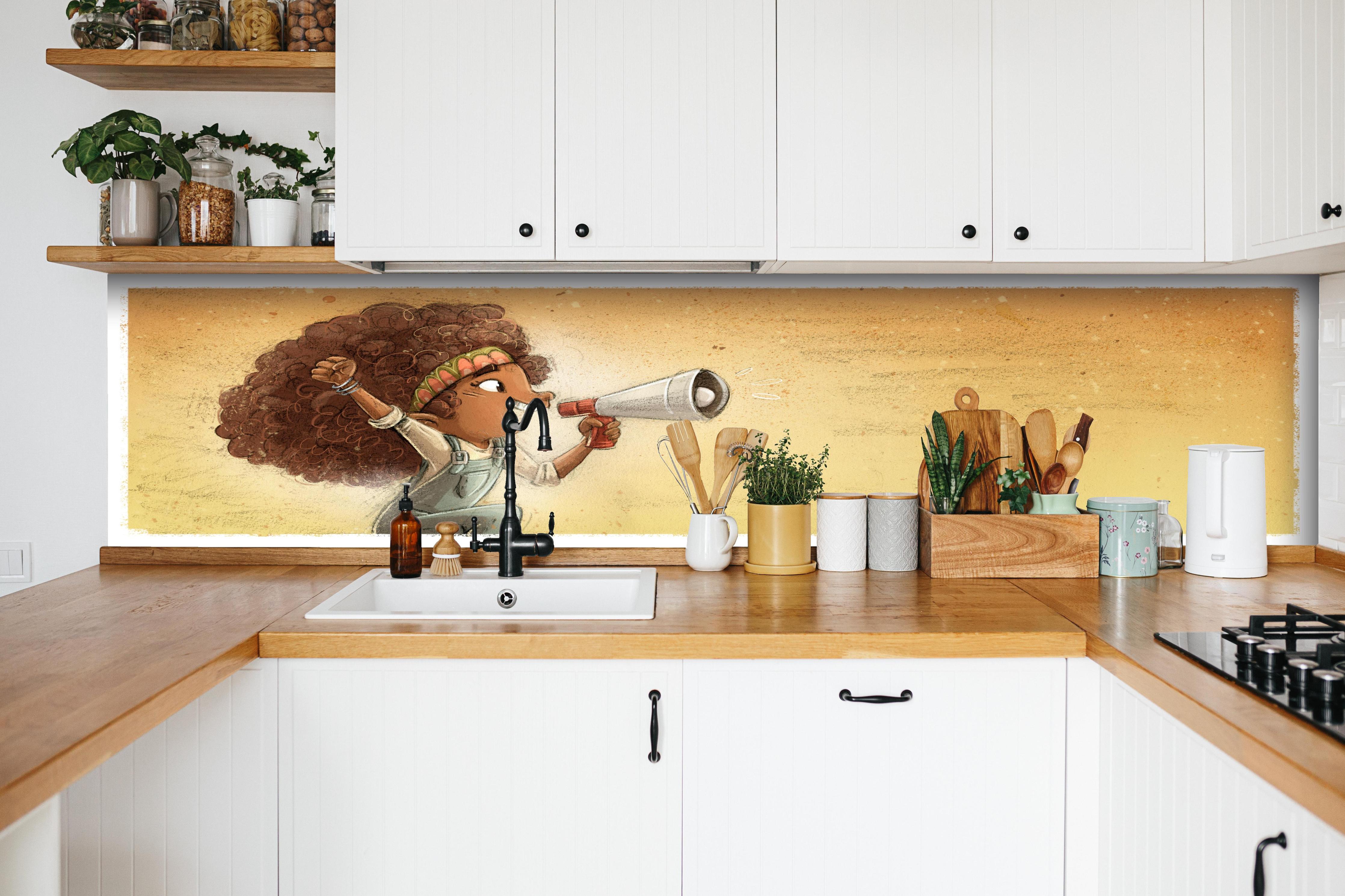 Küche - Afroamerikanisches Mädchen mit einem Megaphon hinter weißen Hochglanz-Küchenregalen und schwarzem Wasserhahn