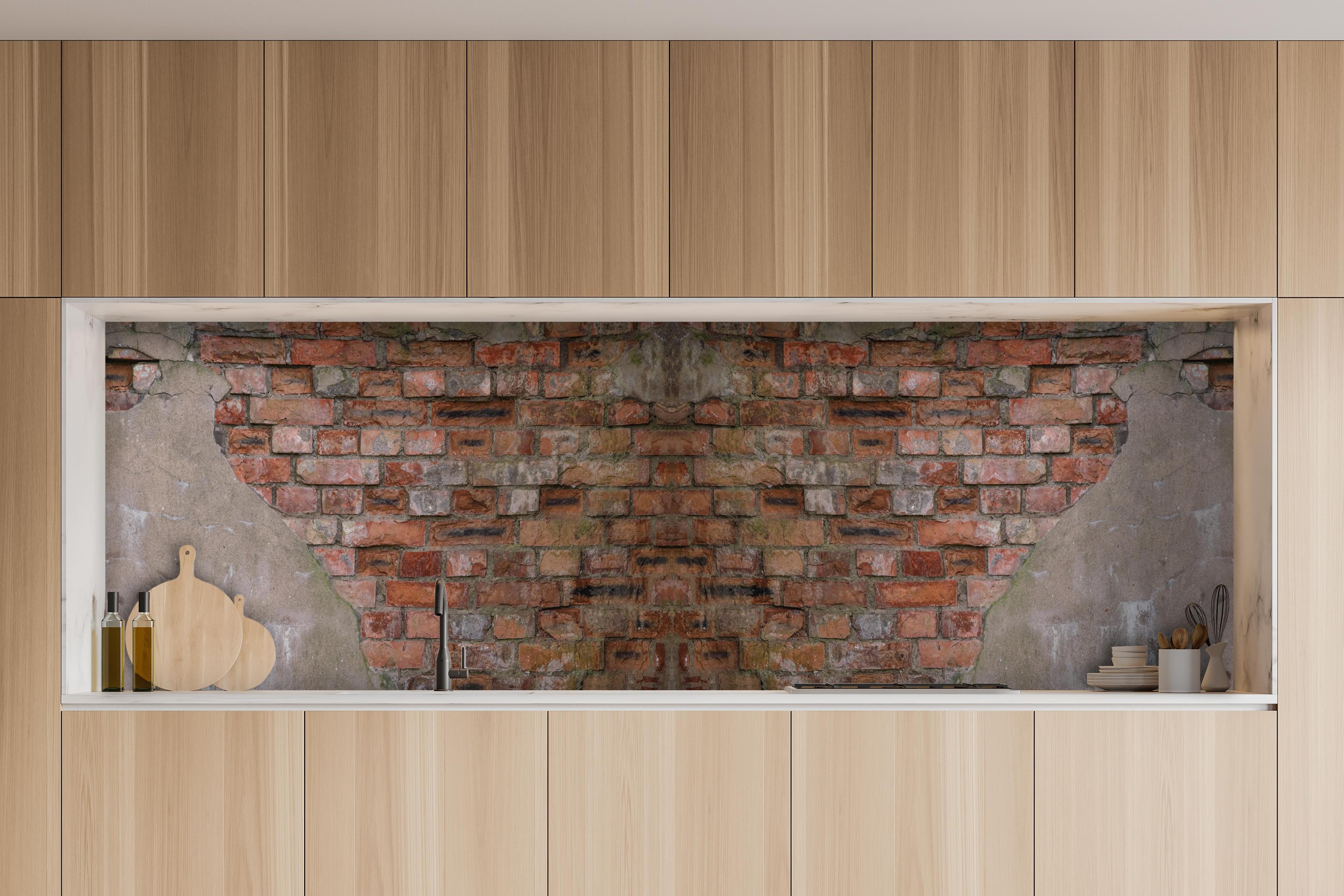 Küche - Alte Ziegelmauerwerk Banner Hintergrund hinter weißen Hochglanz-Küchenregalen und schwarzem Wasserhahn