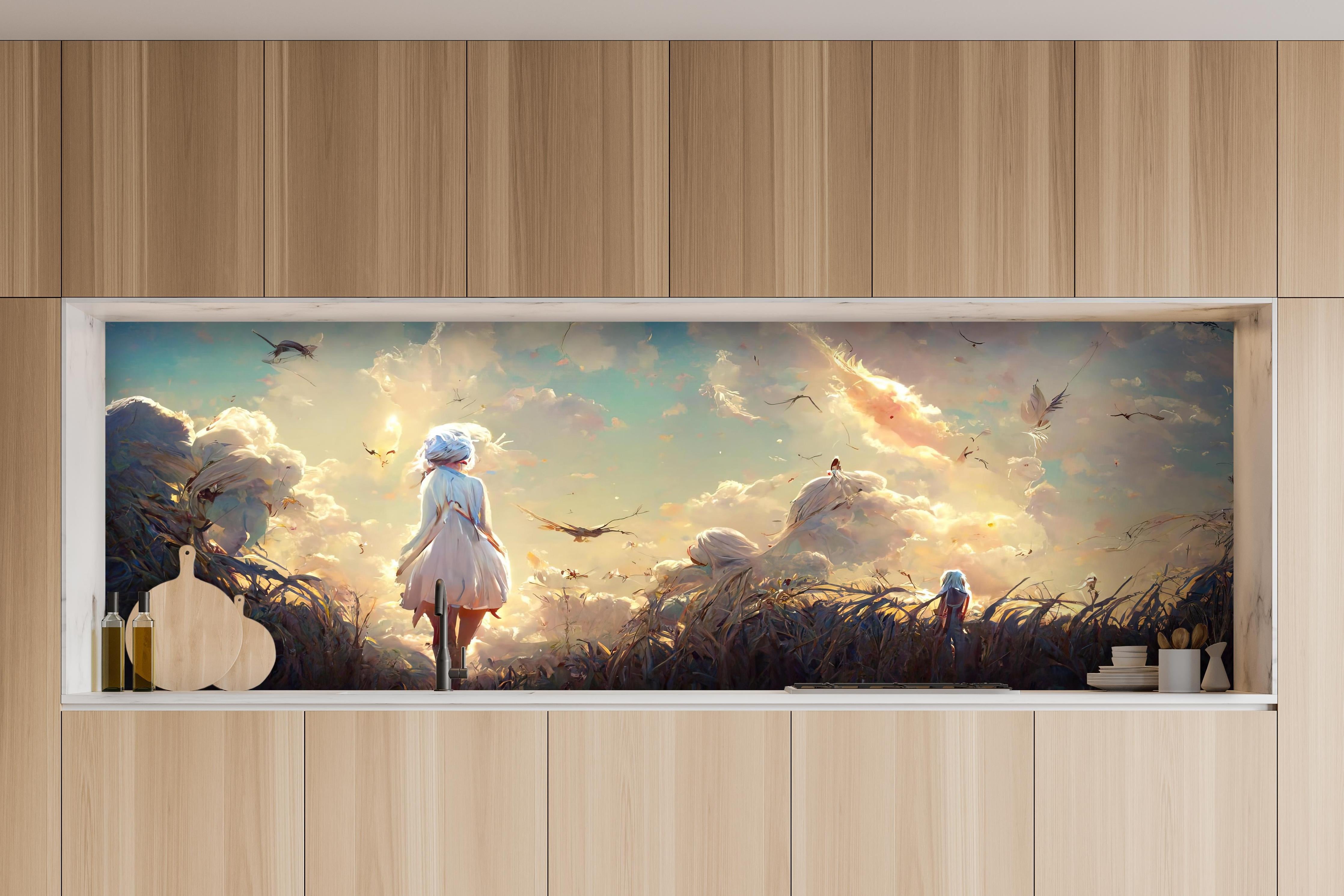 Küche - Animierte Figuren bei Sonnenuntergang hinter weißen Hochglanz-Küchenregalen und schwarzem Wasserhahn