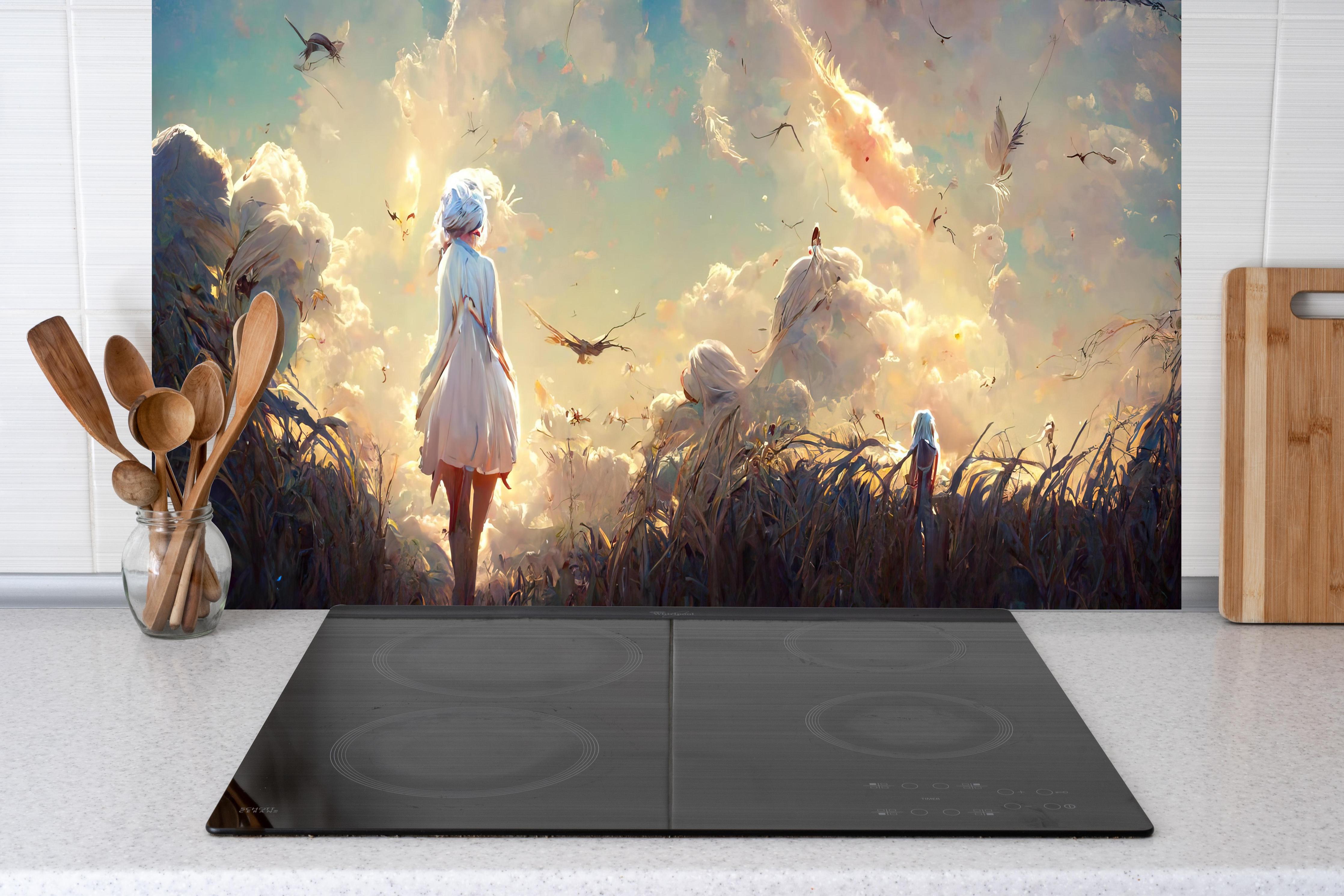 Küche - Animierte Figuren bei Sonnenuntergang hinter weißen Hochglanz-Küchenregalen und schwarzem Wasserhahn