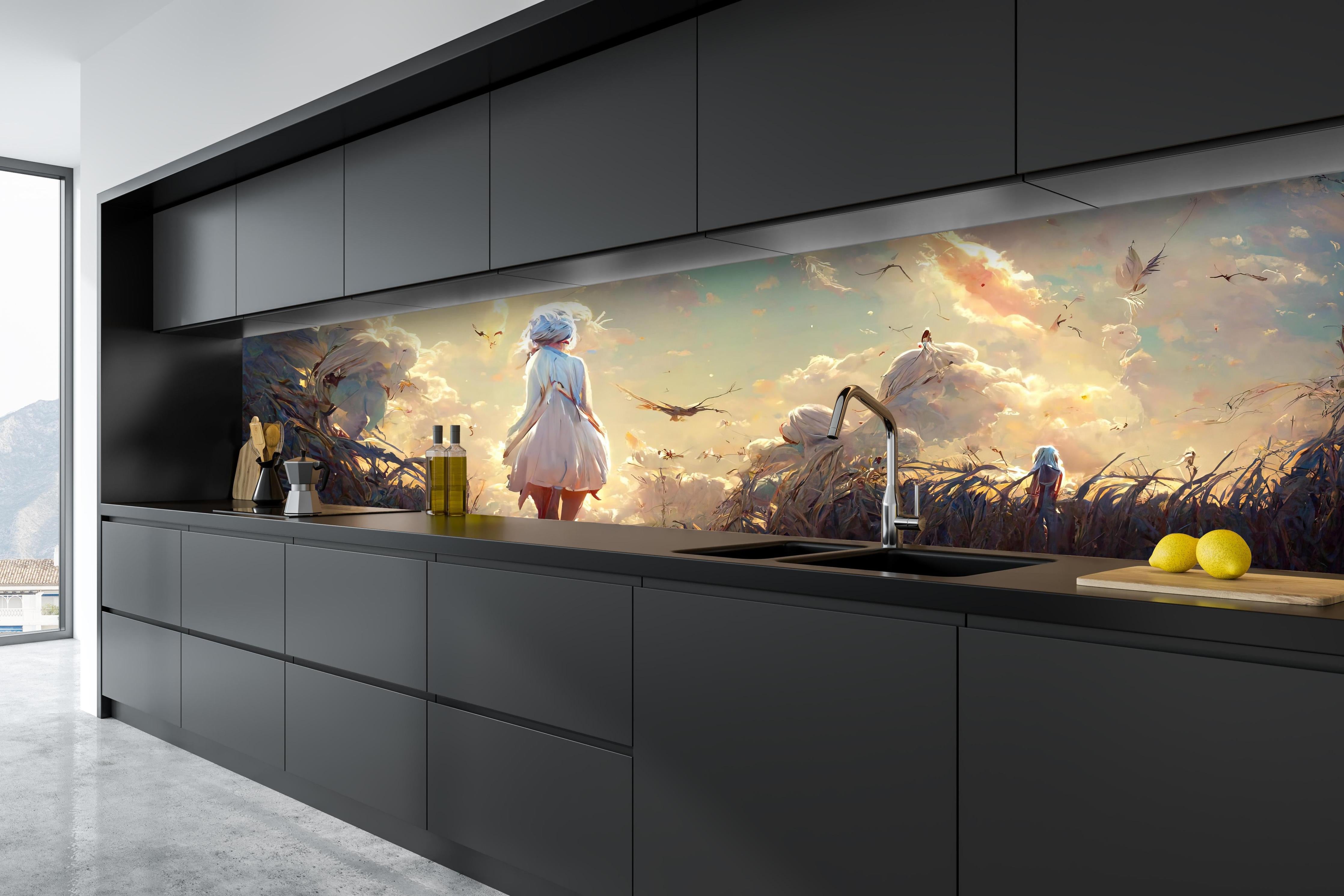 Küche - Animierte Figuren bei Sonnenuntergang hinter weißen Hochglanz-Küchenregalen und schwarzem Wasserhahn