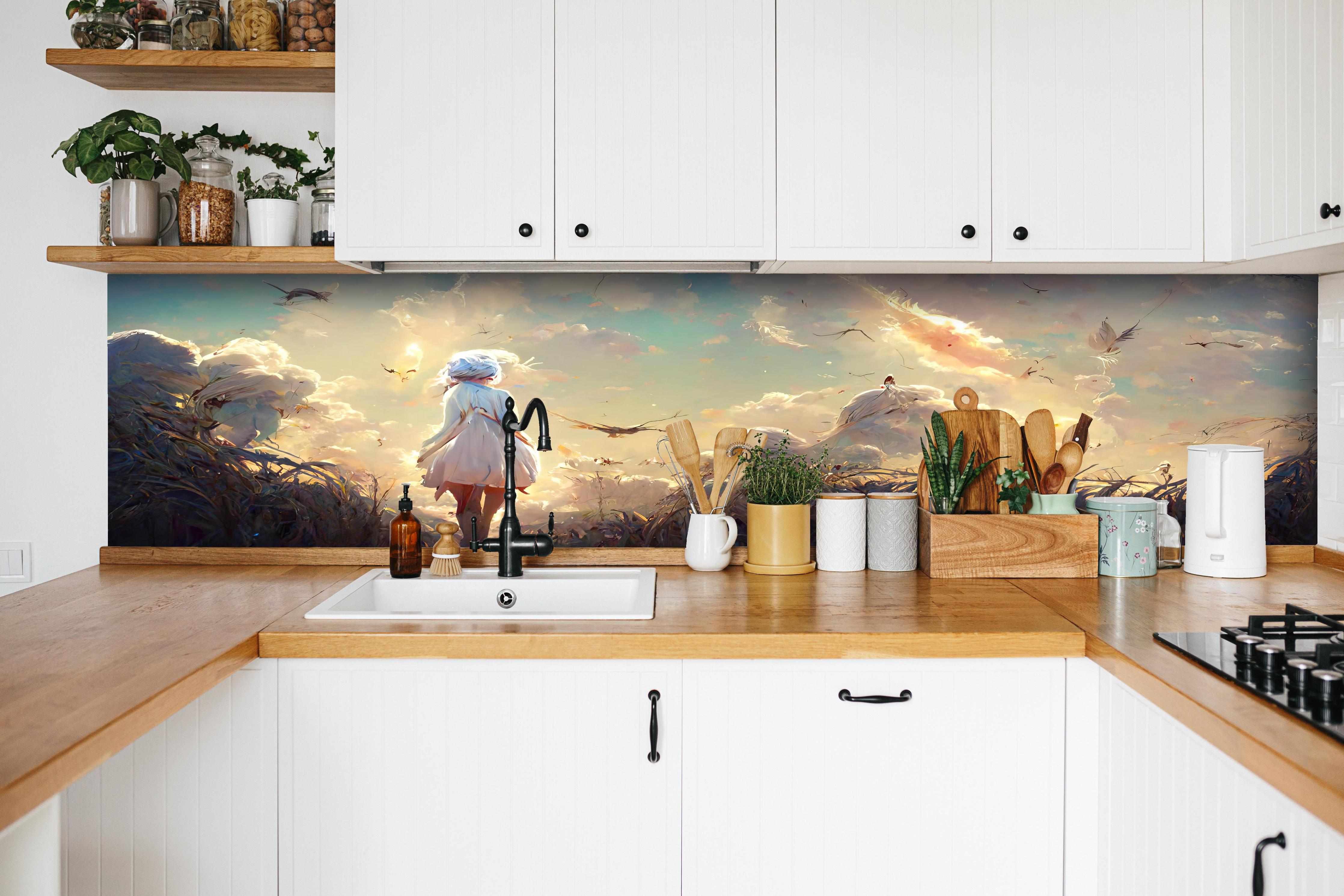 Küche - Animierte Figuren bei Sonnenuntergang hinter weißen Hochglanz-Küchenregalen und schwarzem Wasserhahn