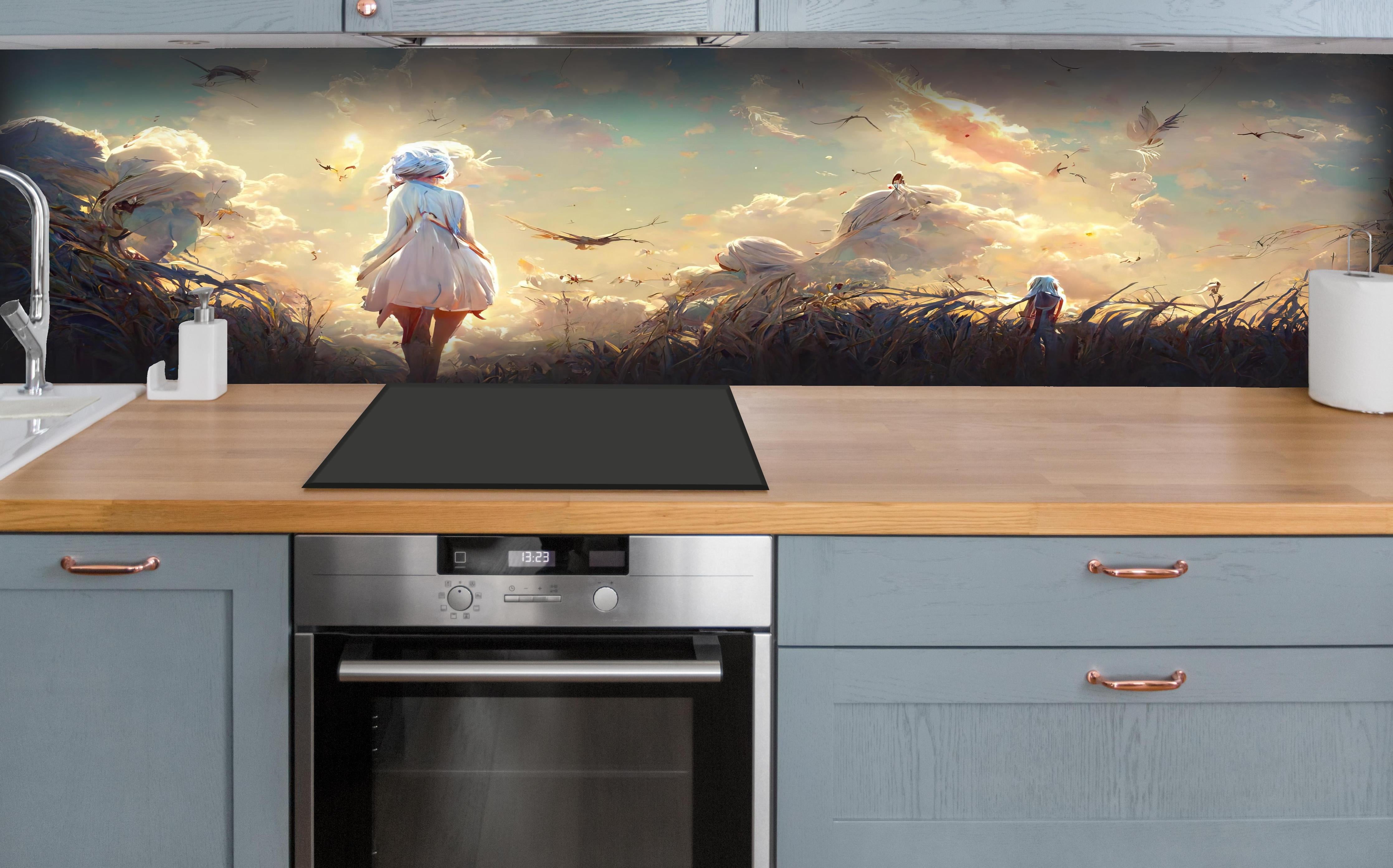 Küche - Animierte Figuren bei Sonnenuntergang hinter weißen Hochglanz-Küchenregalen und schwarzem Wasserhahn