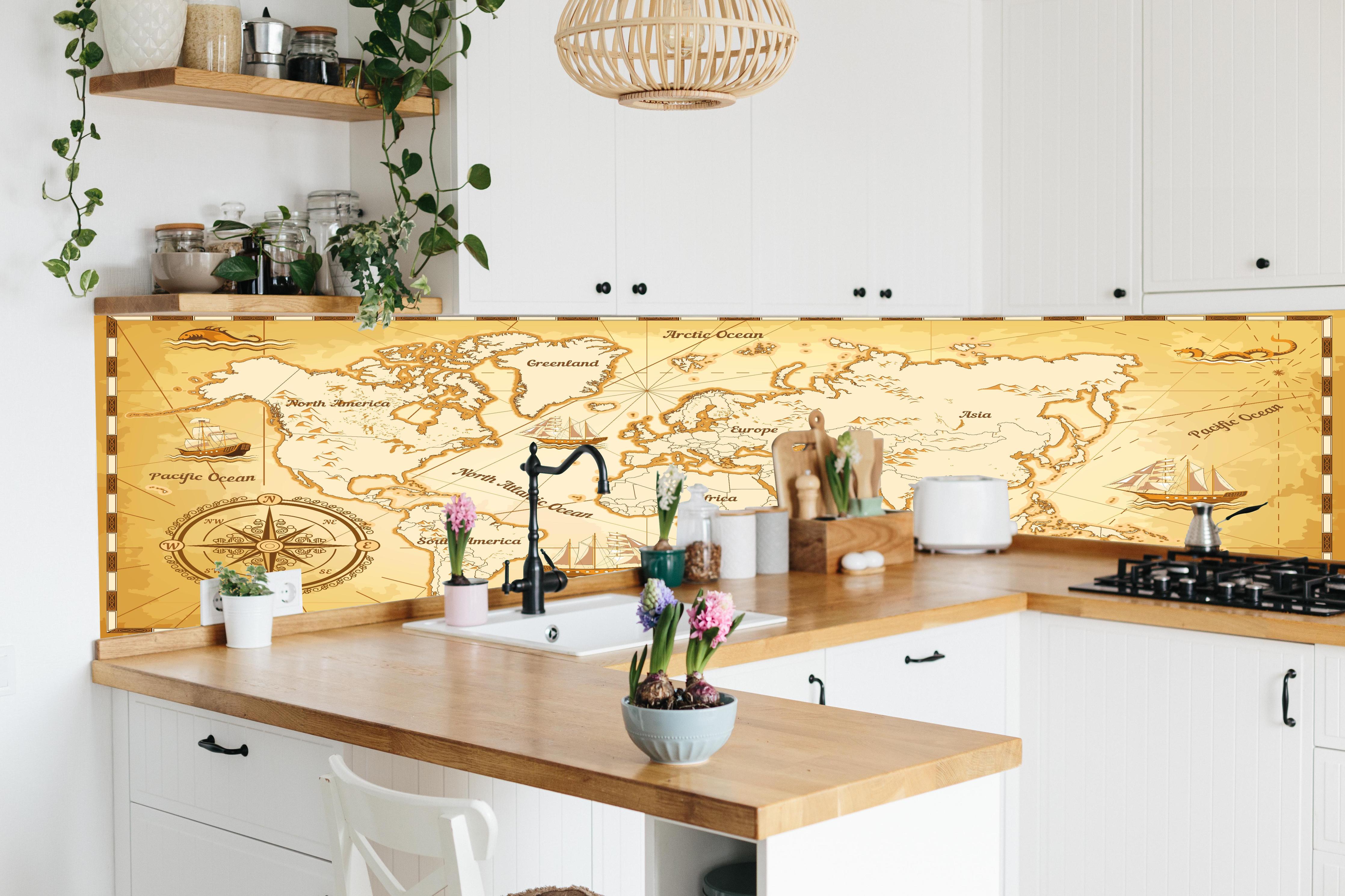 Küche - Antike Weltkarte im Sepia-Look Poster hinter weißen Hochglanz-Küchenregalen und schwarzem Wasserhahn