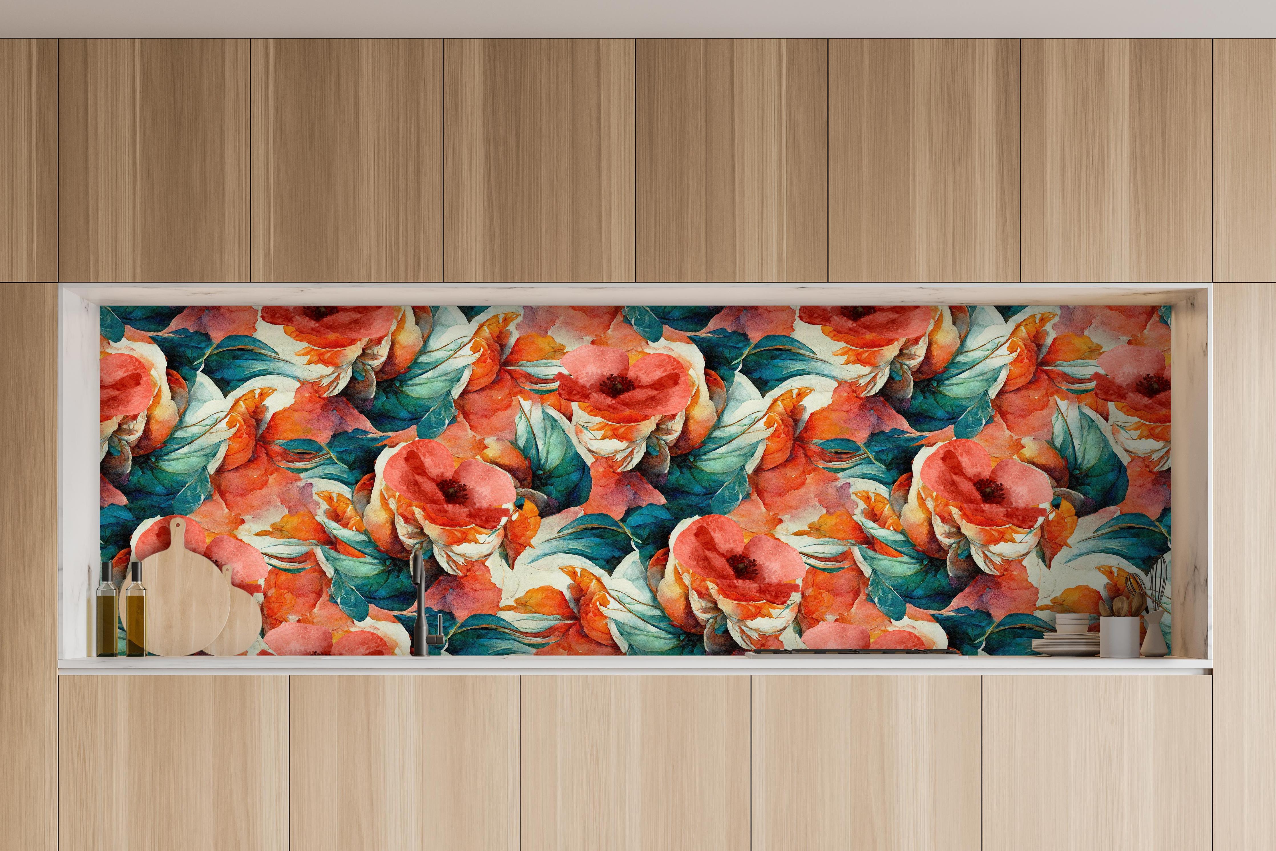 Küche - Aquarellpapier - Florales Muster hinter weißen Hochglanz-Küchenregalen und schwarzem Wasserhahn