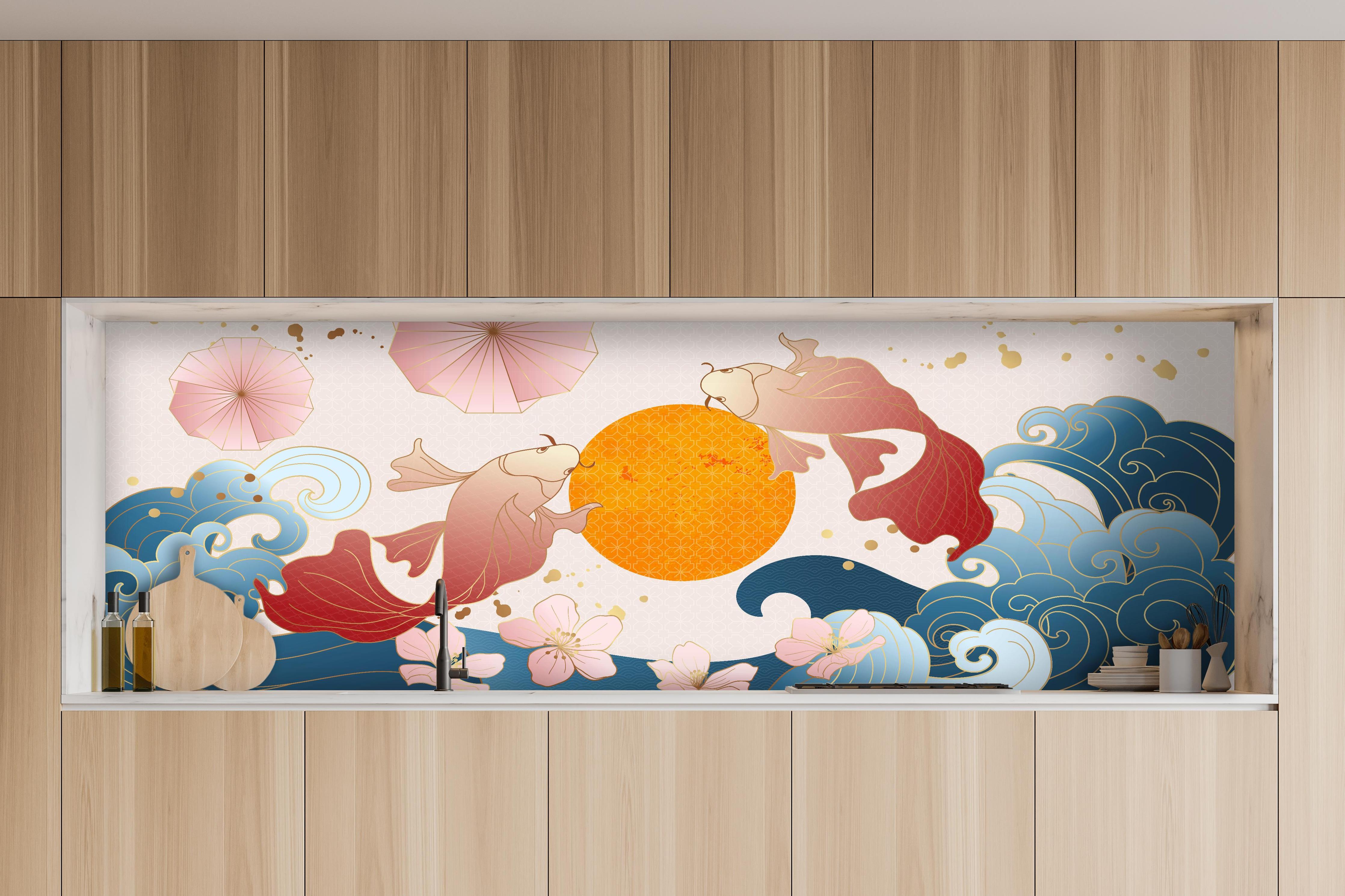 Küche - Asiatische Koi-Karpfen Illustration Kunst hinter weißen Hochglanz-Küchenregalen und schwarzem Wasserhahn