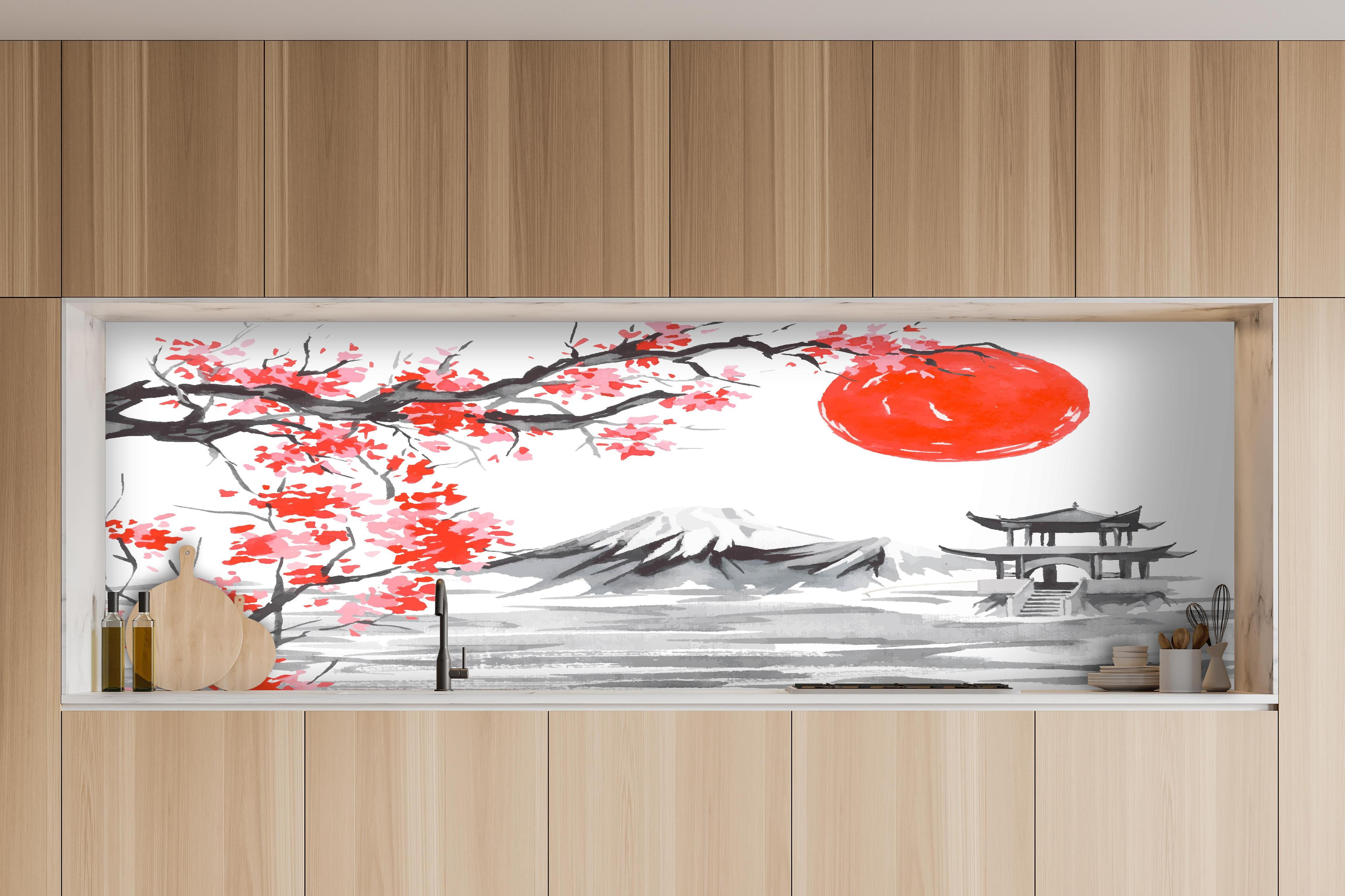 Küche - Asiatisches Aquarell Berge Sonne hinter weißen Hochglanz-Küchenregalen und schwarzem Wasserhahn