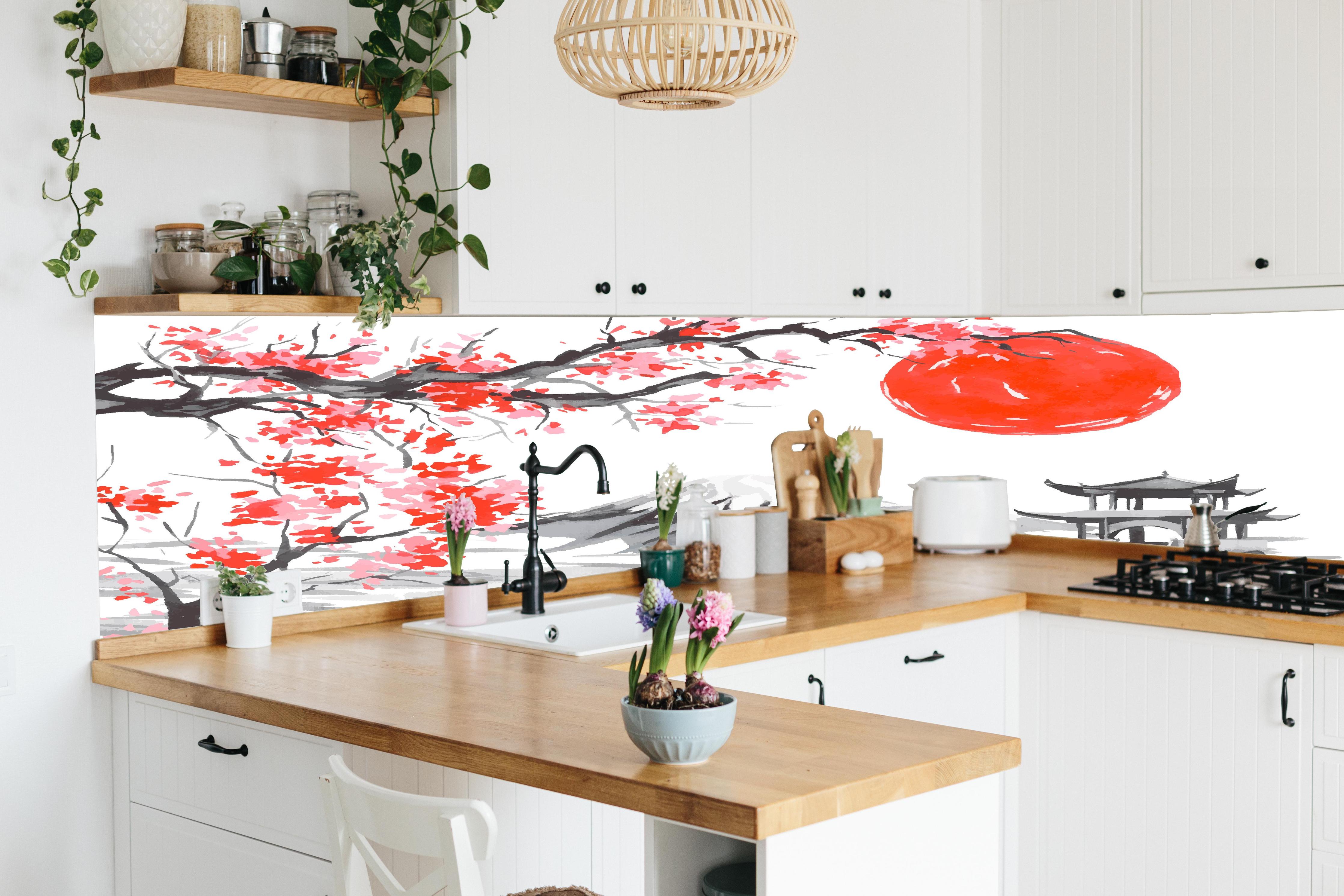 Küche - Asiatisches Aquarell Berge Sonne hinter weißen Hochglanz-Küchenregalen und schwarzem Wasserhahn