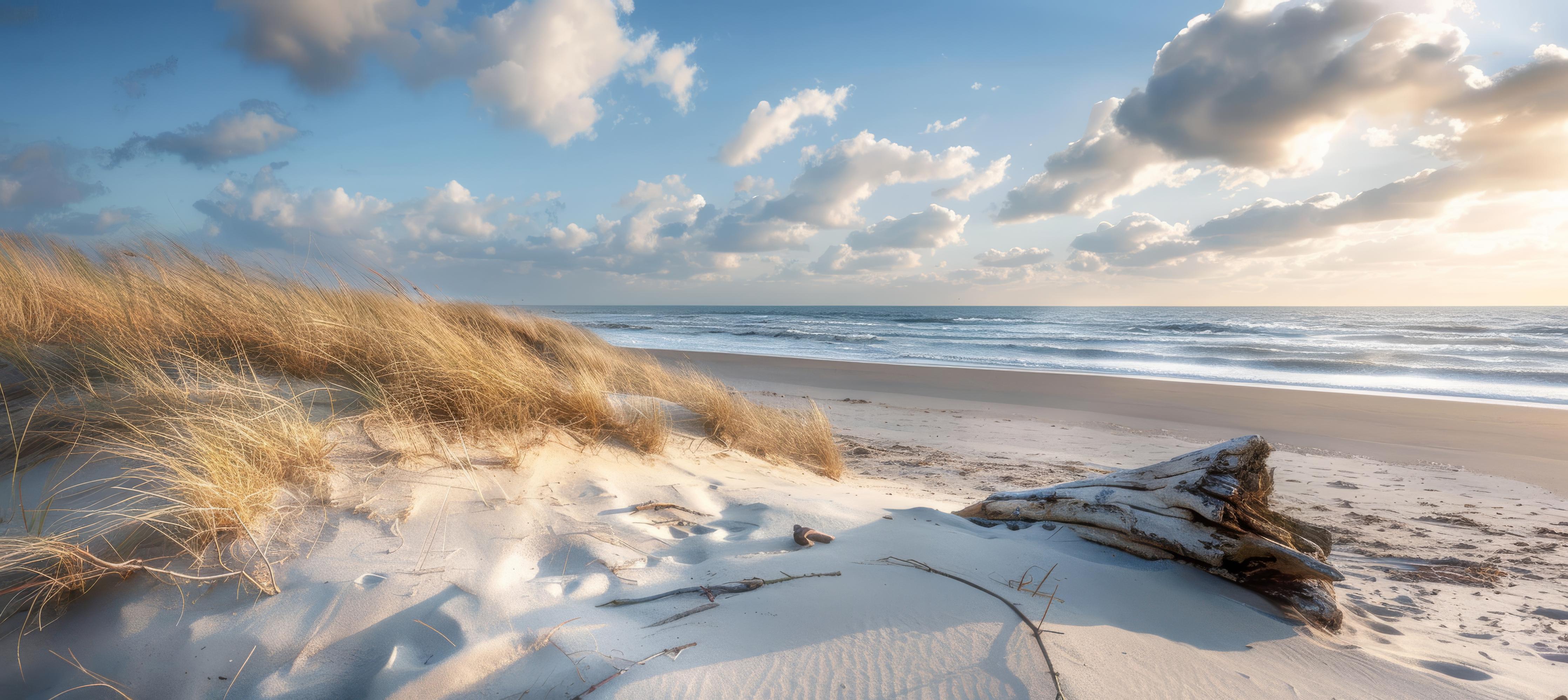 Küchenrückwand-Atemberaubender Strand mit feinem Sand und grauen Wolkenformationen