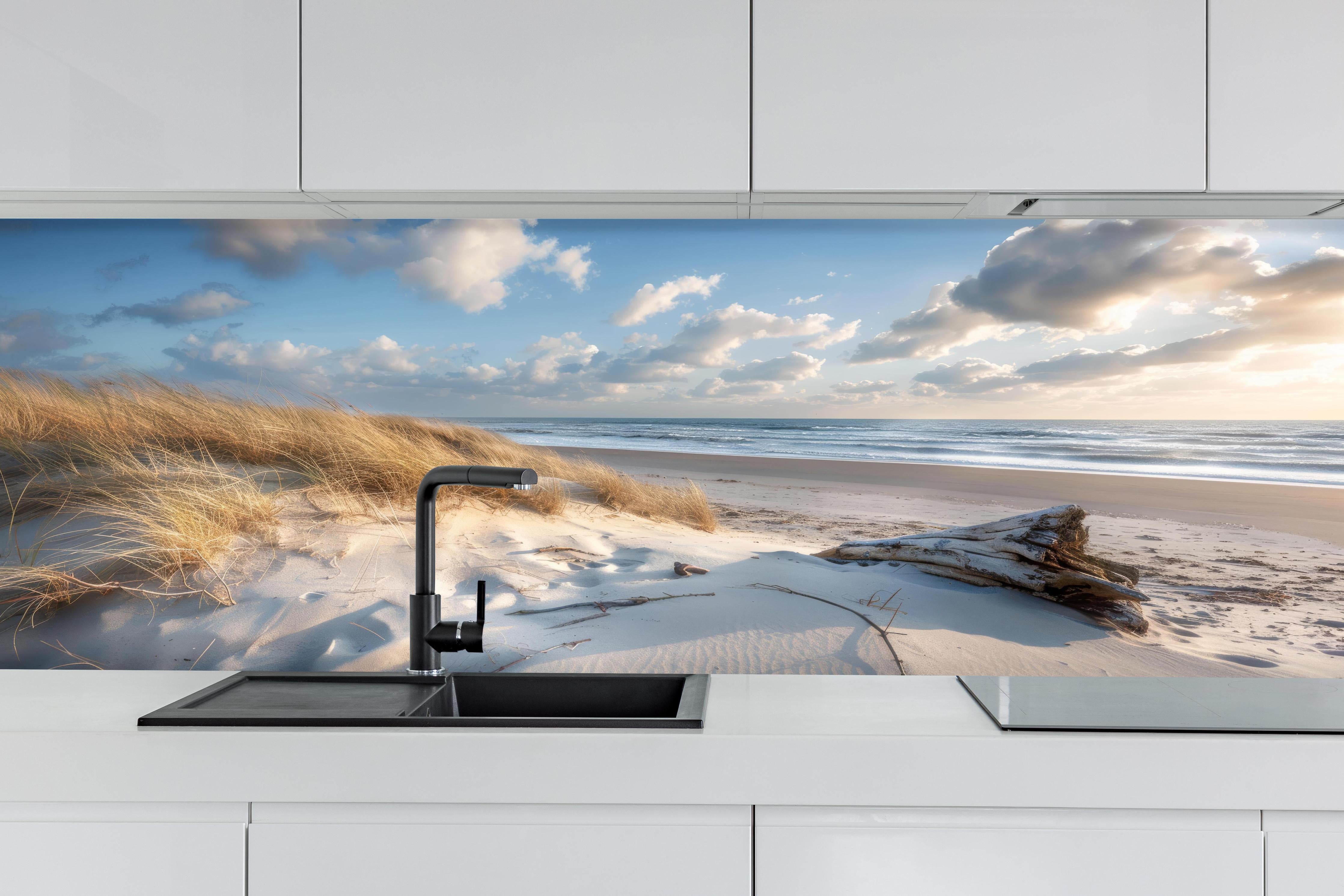 Küche - Atemberaubender Strand mit feinem Sand und grauen Wolkenformationen hinter weißen Hochglanz-Küchenregalen und schwarzem Wasserhahn