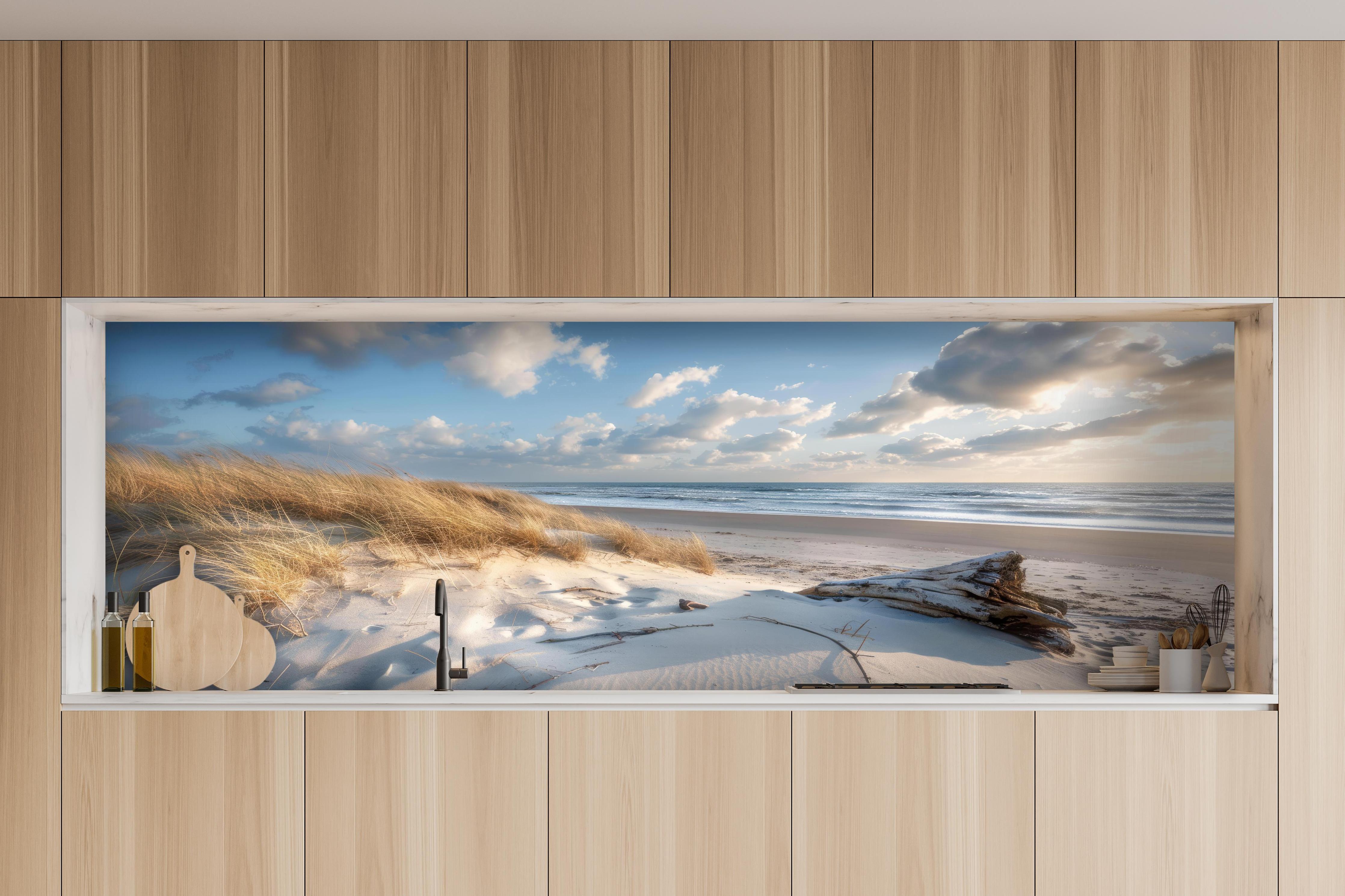 Küche - Atemberaubender Strand mit feinem Sand und grauen Wolkenformationen hinter weißen Hochglanz-Küchenregalen und schwarzem Wasserhahn