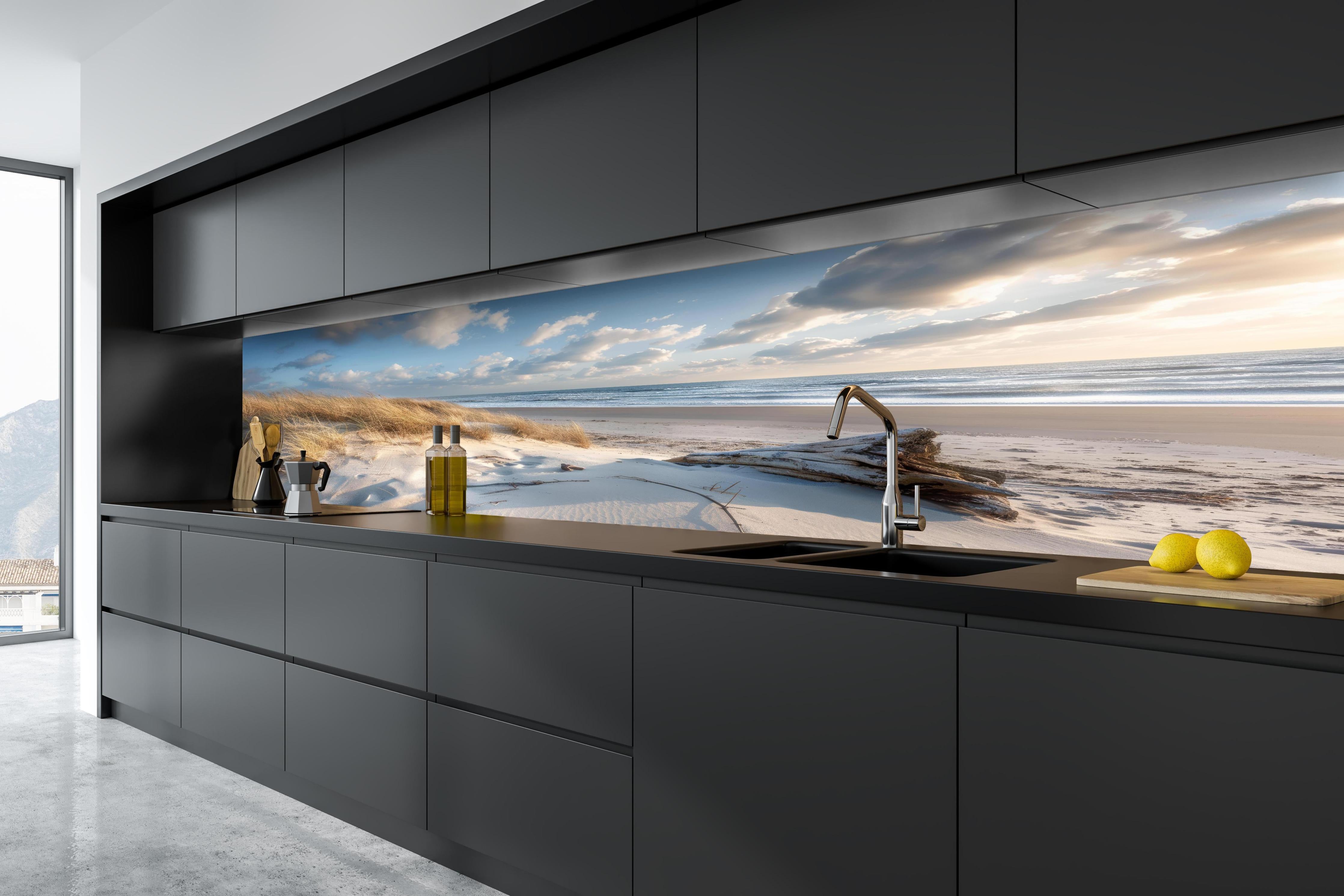 Küche - Atemberaubender Strand mit feinem Sand und grauen Wolkenformationen hinter weißen Hochglanz-Küchenregalen und schwarzem Wasserhahn