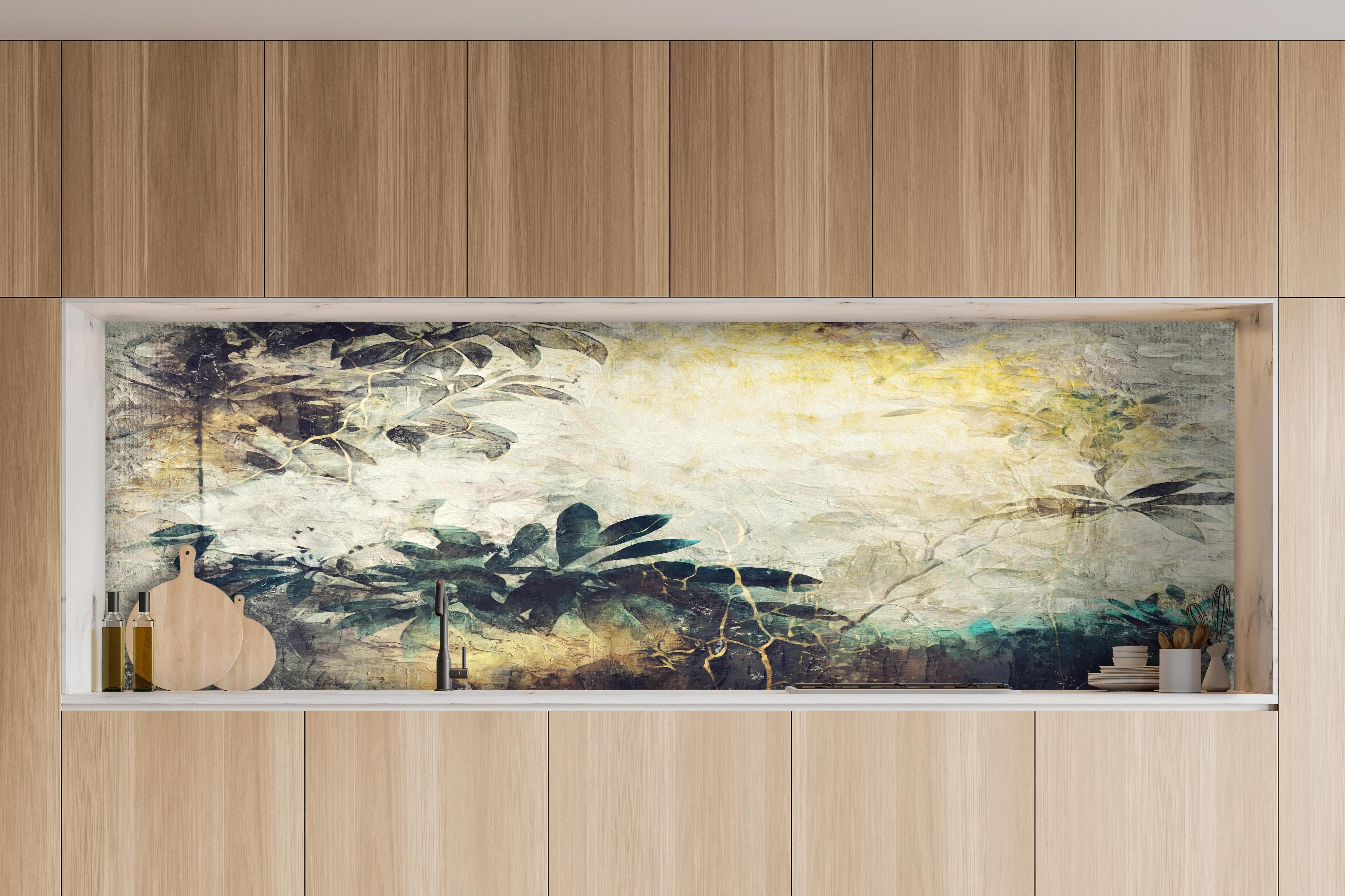 Küche - Baumzweig Gemälde hinter weißen Hochglanz-Küchenregalen und schwarzem Wasserhahn