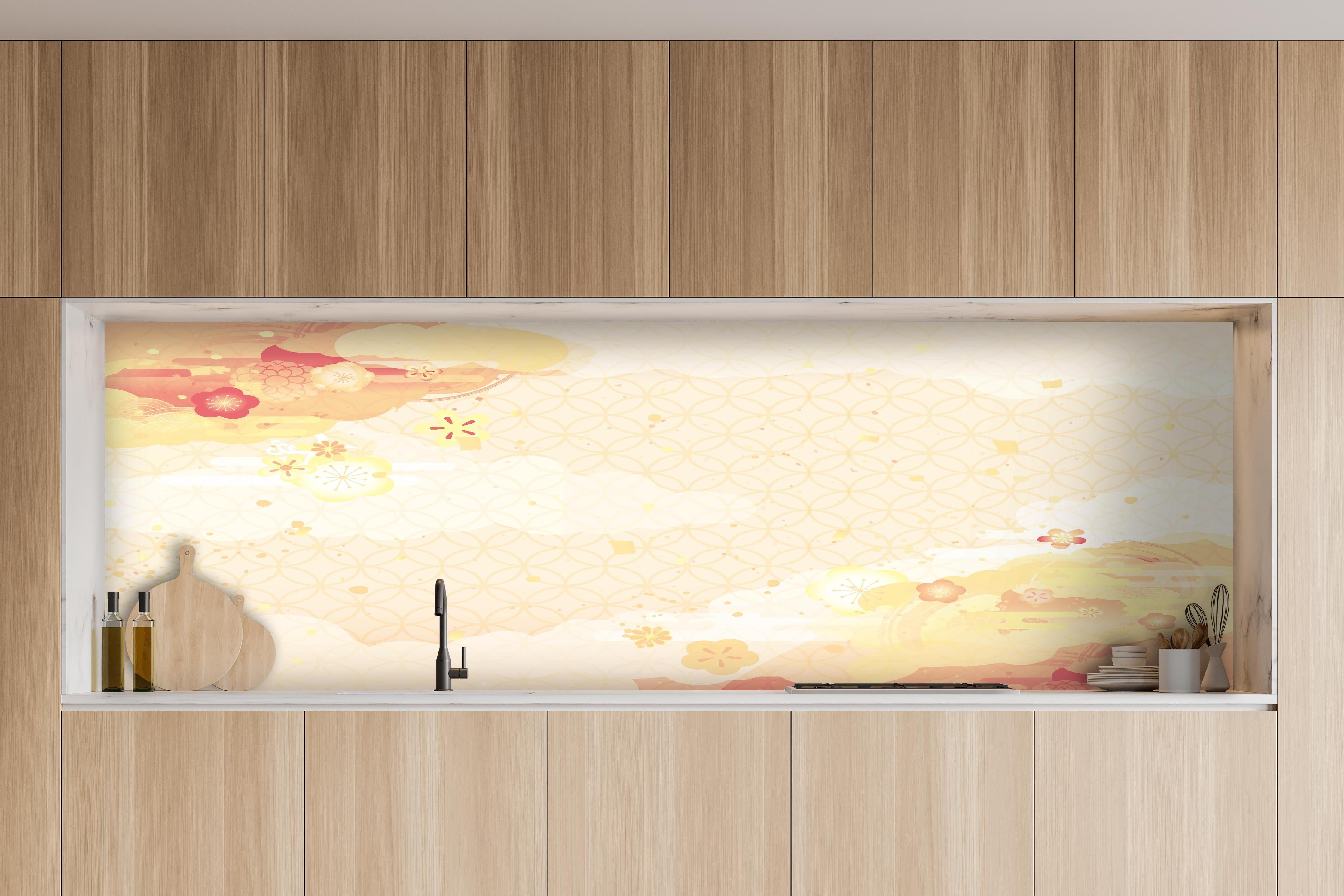 Küche - Beige-Goldene Kirschblüten Illustration hinter weißen Hochglanz-Küchenregalen und schwarzem Wasserhahn