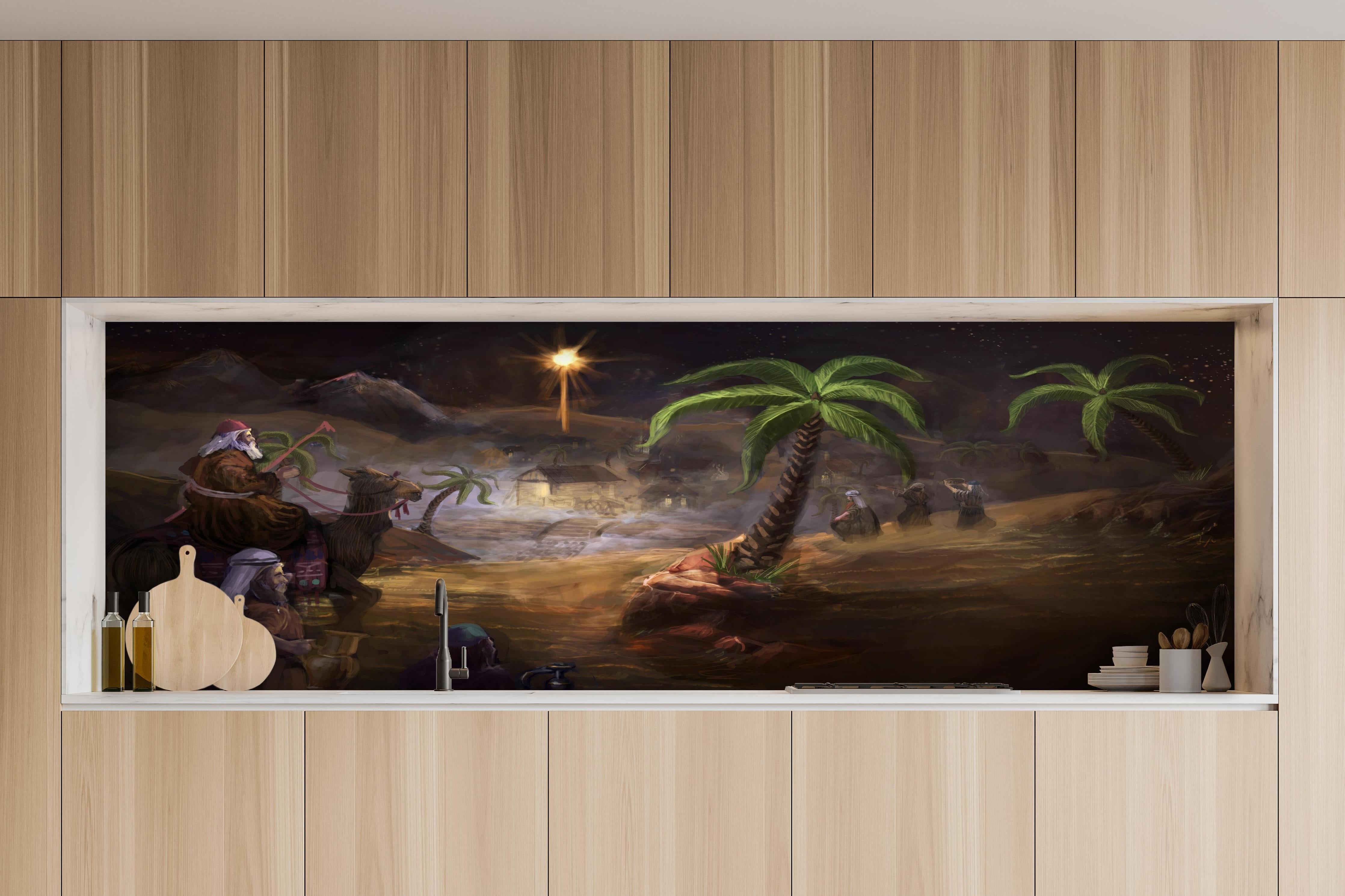 Küche - Biblisches Gemälde hinter weißen Hochglanz-Küchenregalen und schwarzem Wasserhahn