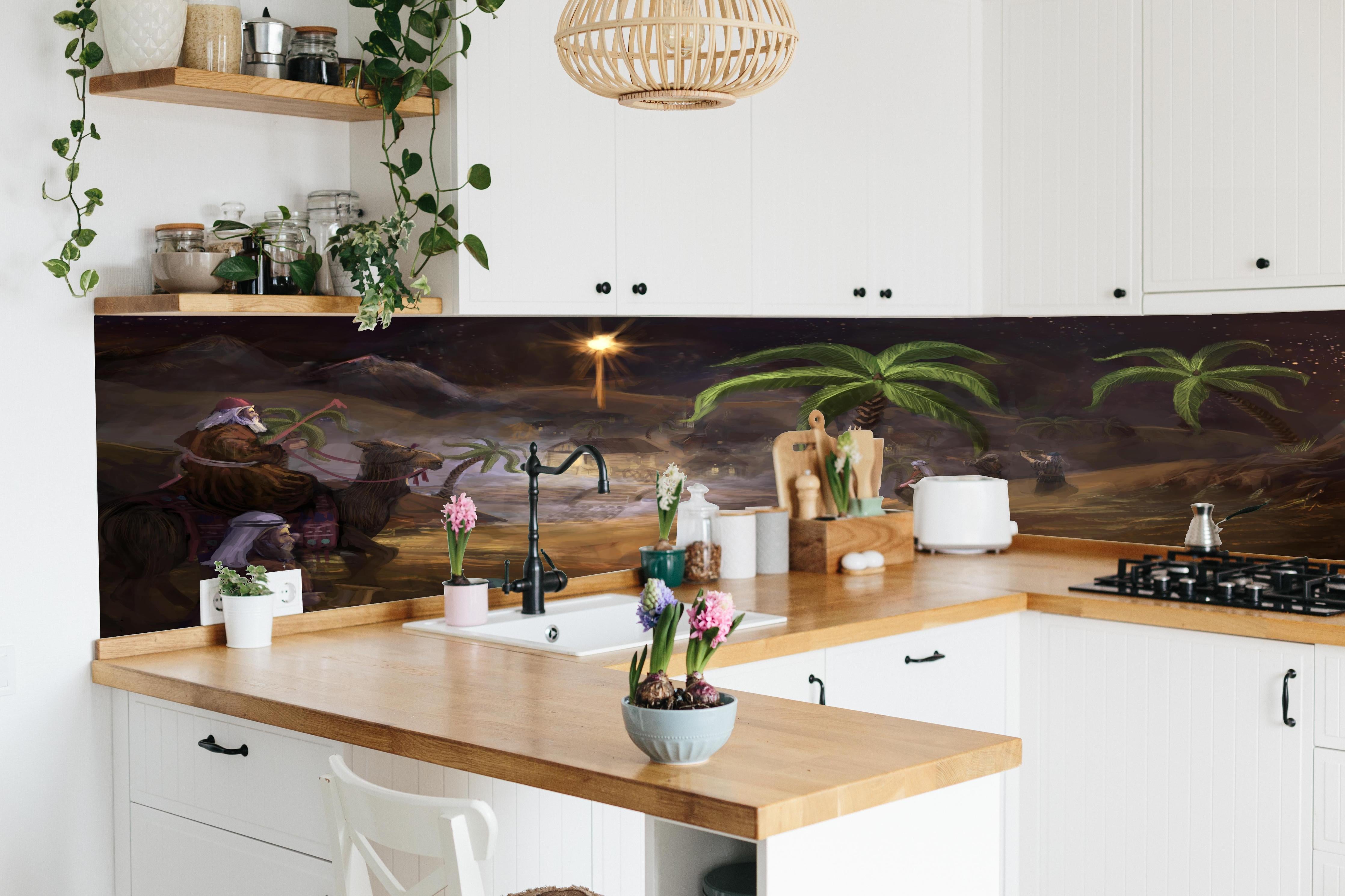 Küche - Biblisches Gemälde hinter weißen Hochglanz-Küchenregalen und schwarzem Wasserhahn