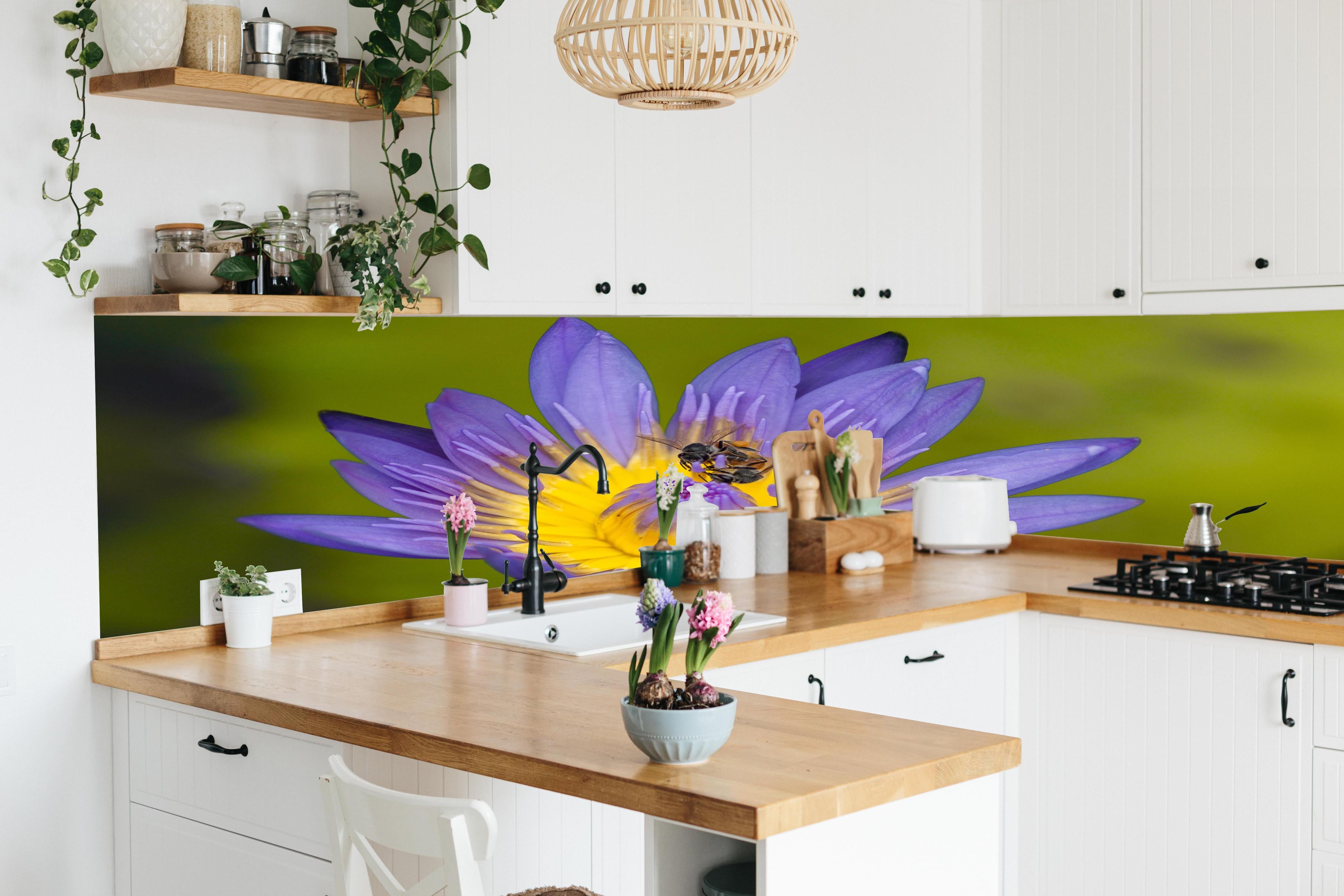 Küche - Biene sammelt Nektar hinter weißen Hochglanz-Küchenregalen und schwarzem Wasserhahn