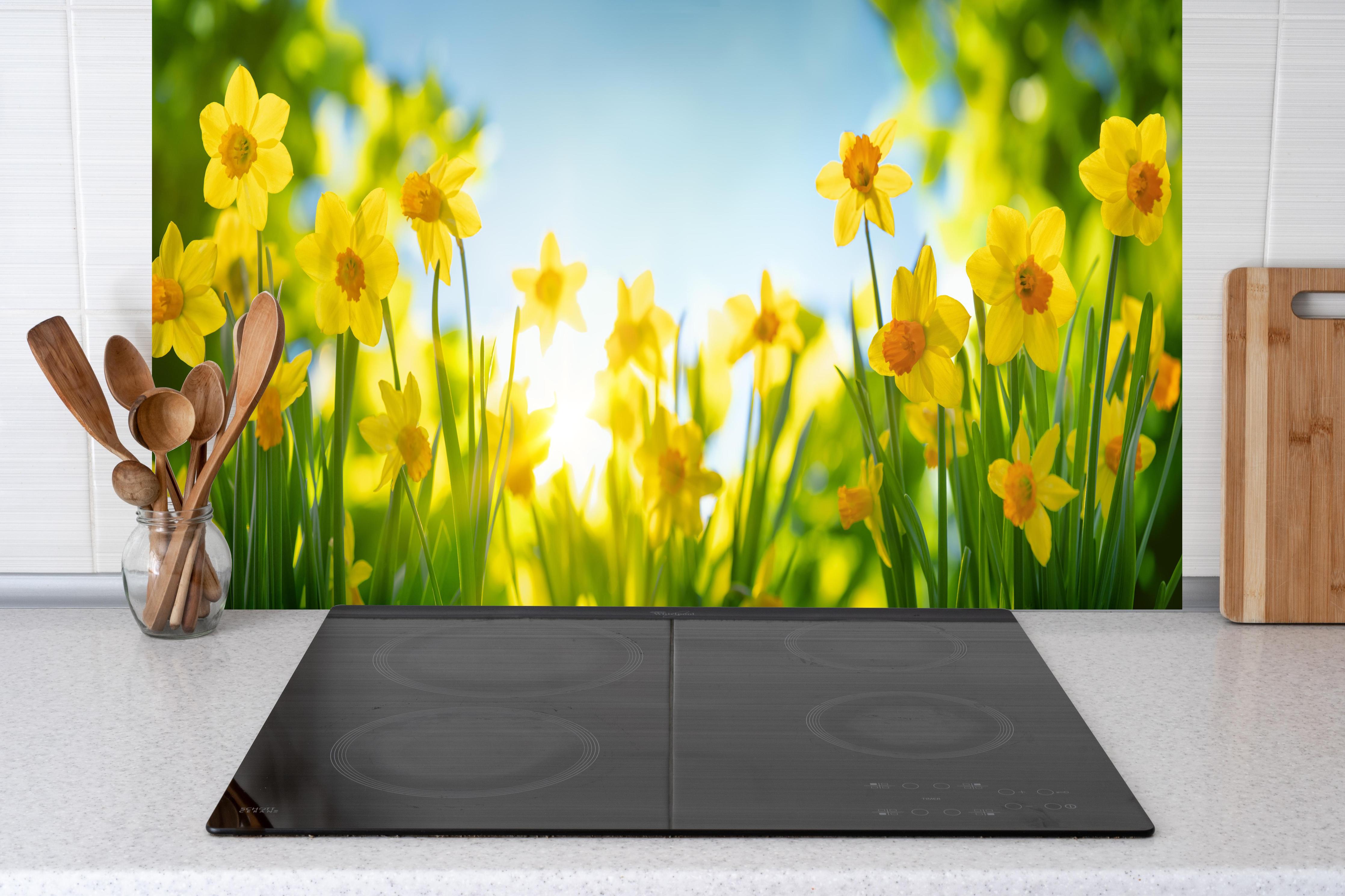 Küche - Blühende Frühlings-Narzissen hinter weißen Hochglanz-Küchenregalen und schwarzem Wasserhahn