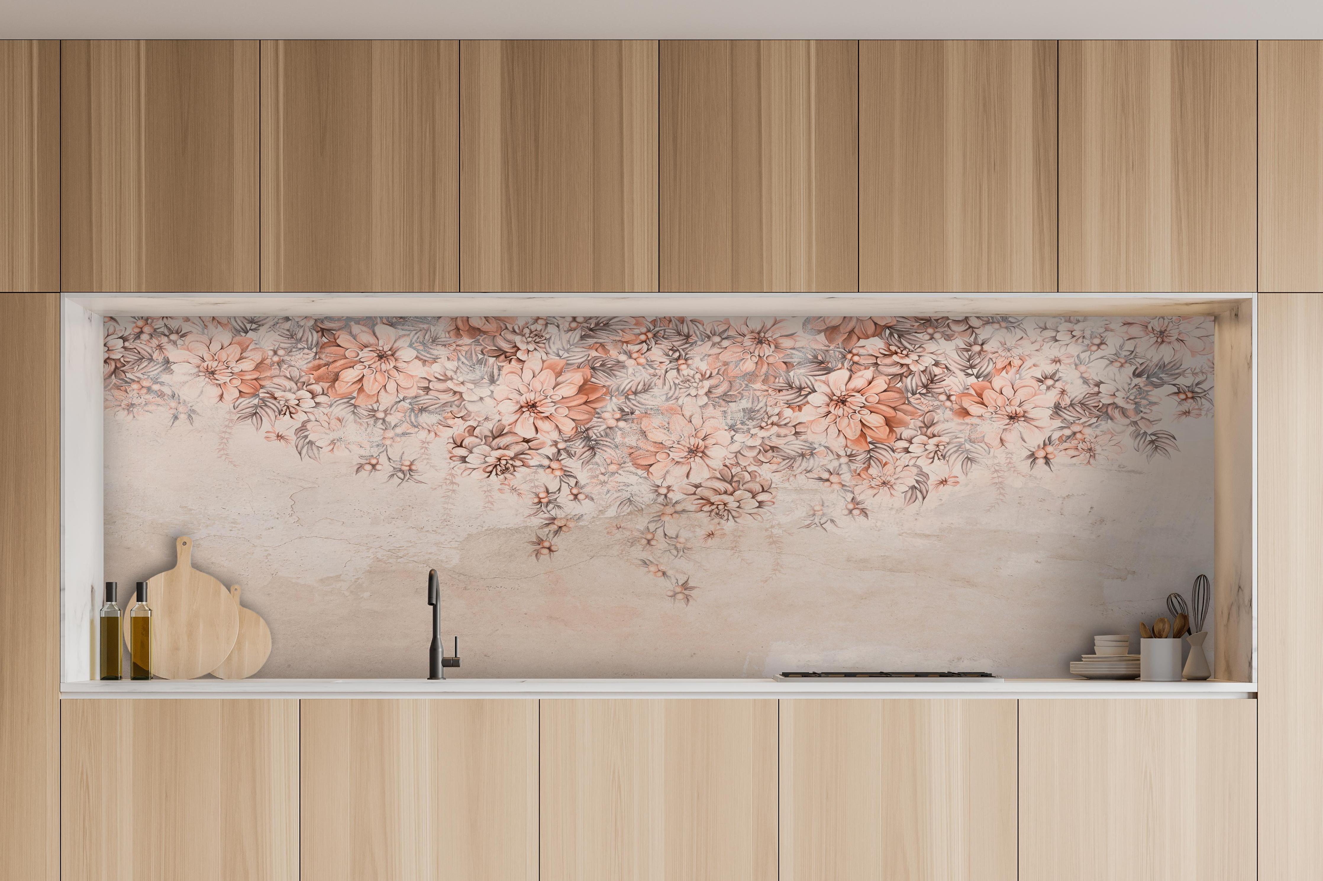 Küche - Blumige Grunge Darstellung hinter weißen Hochglanz-Küchenregalen und schwarzem Wasserhahn