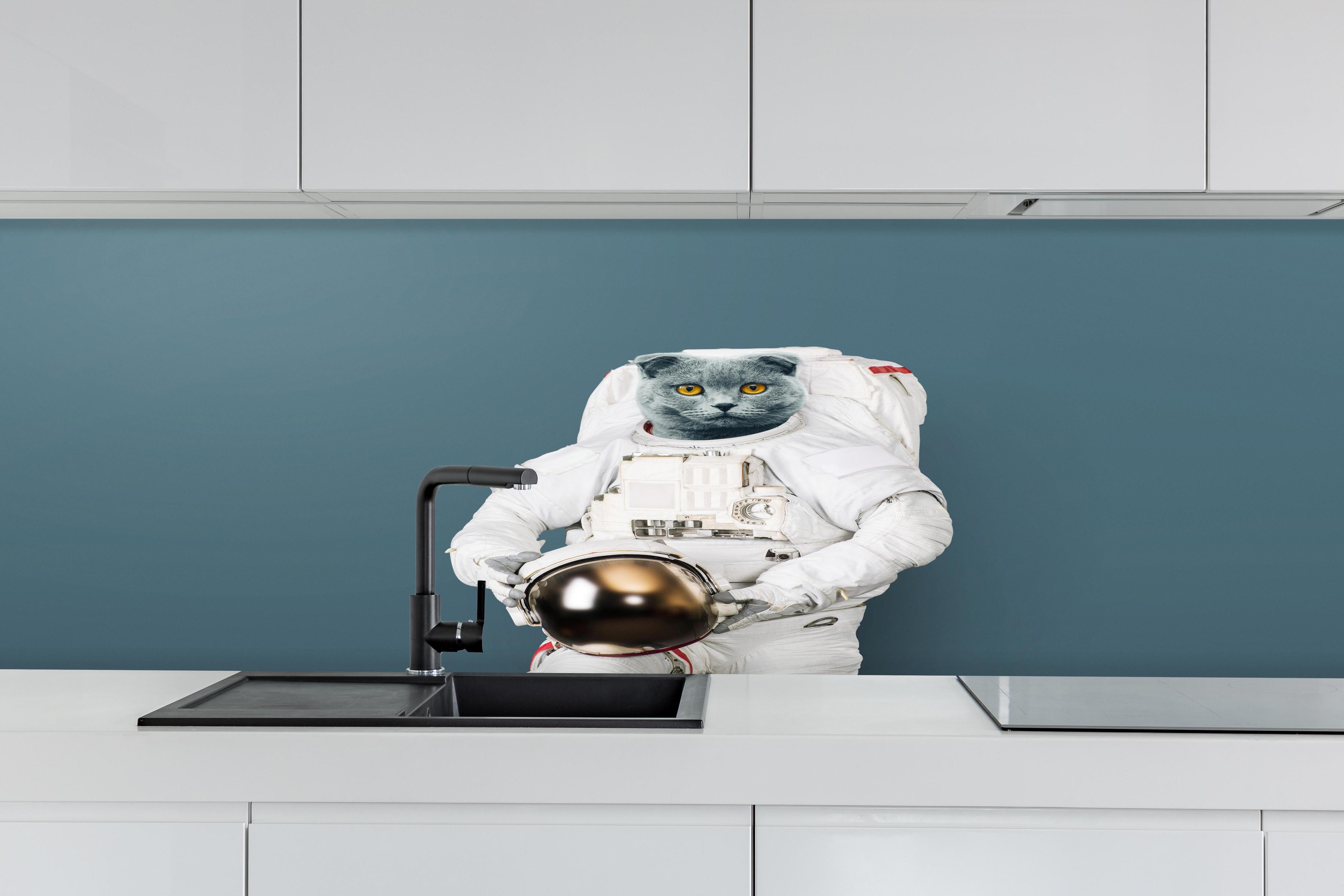 Küche - Britischer Katzen-Astronaut mit Helm hinter weißen Hochglanz-Küchenregalen und schwarzem Wasserhahn
