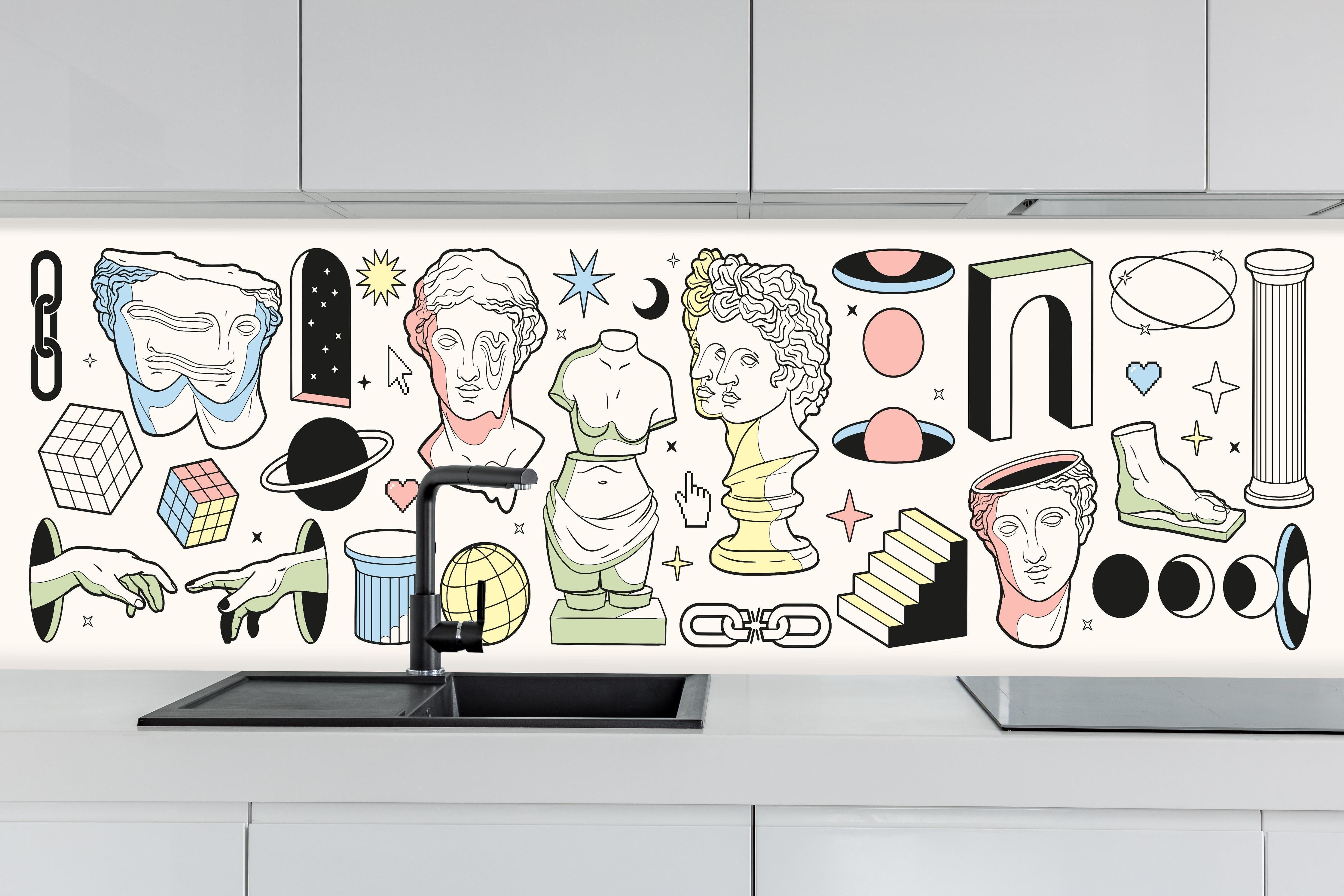 Küche - Bunte Antike Kunstobjekte Illustrationen hinter weißen Hochglanz-Küchenregalen und schwarzem Wasserhahn
