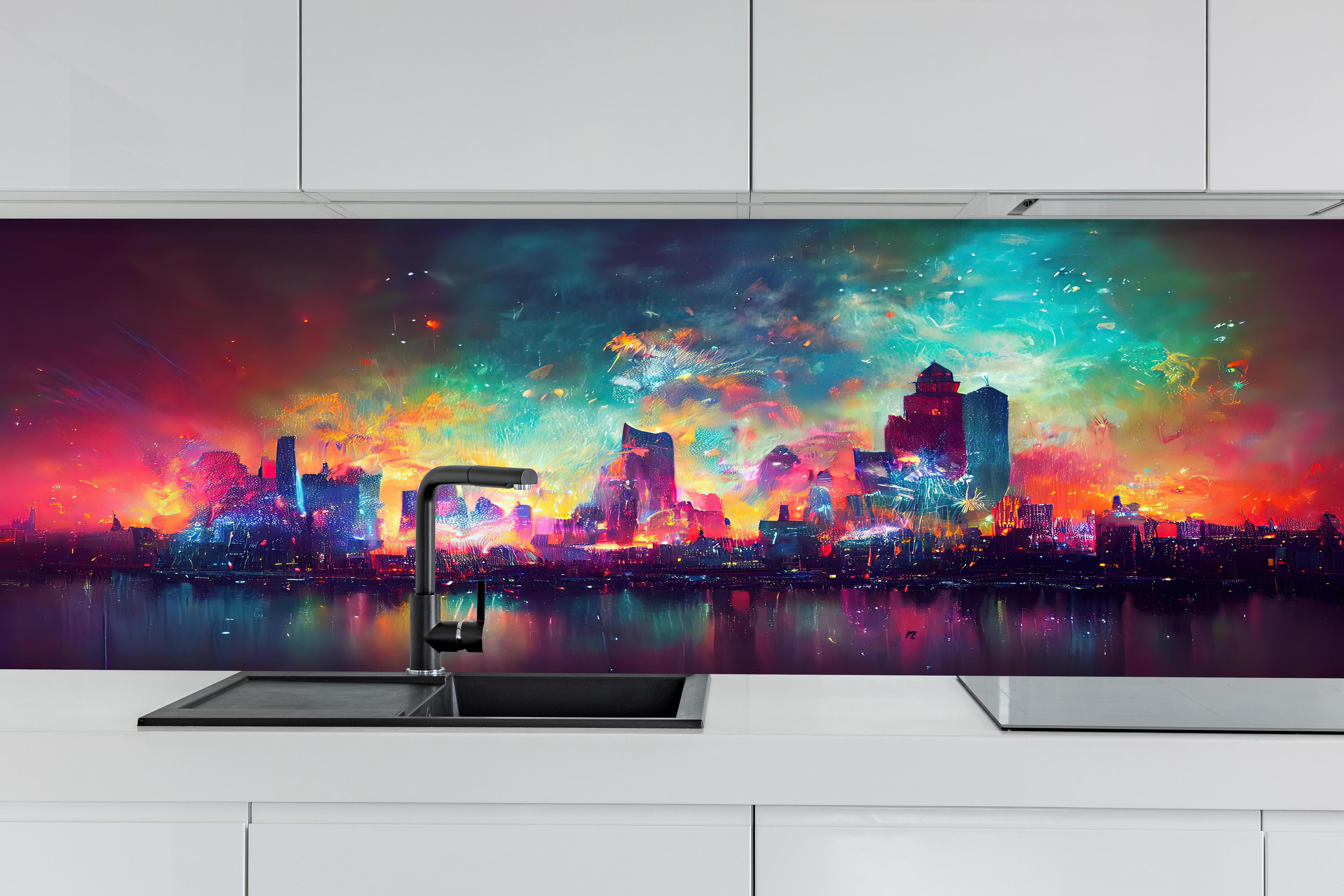 Küche - Buntes Feuerwerk bei Nacht - Graphik hinter weißen Hochglanz-Küchenregalen und schwarzem Wasserhahn
