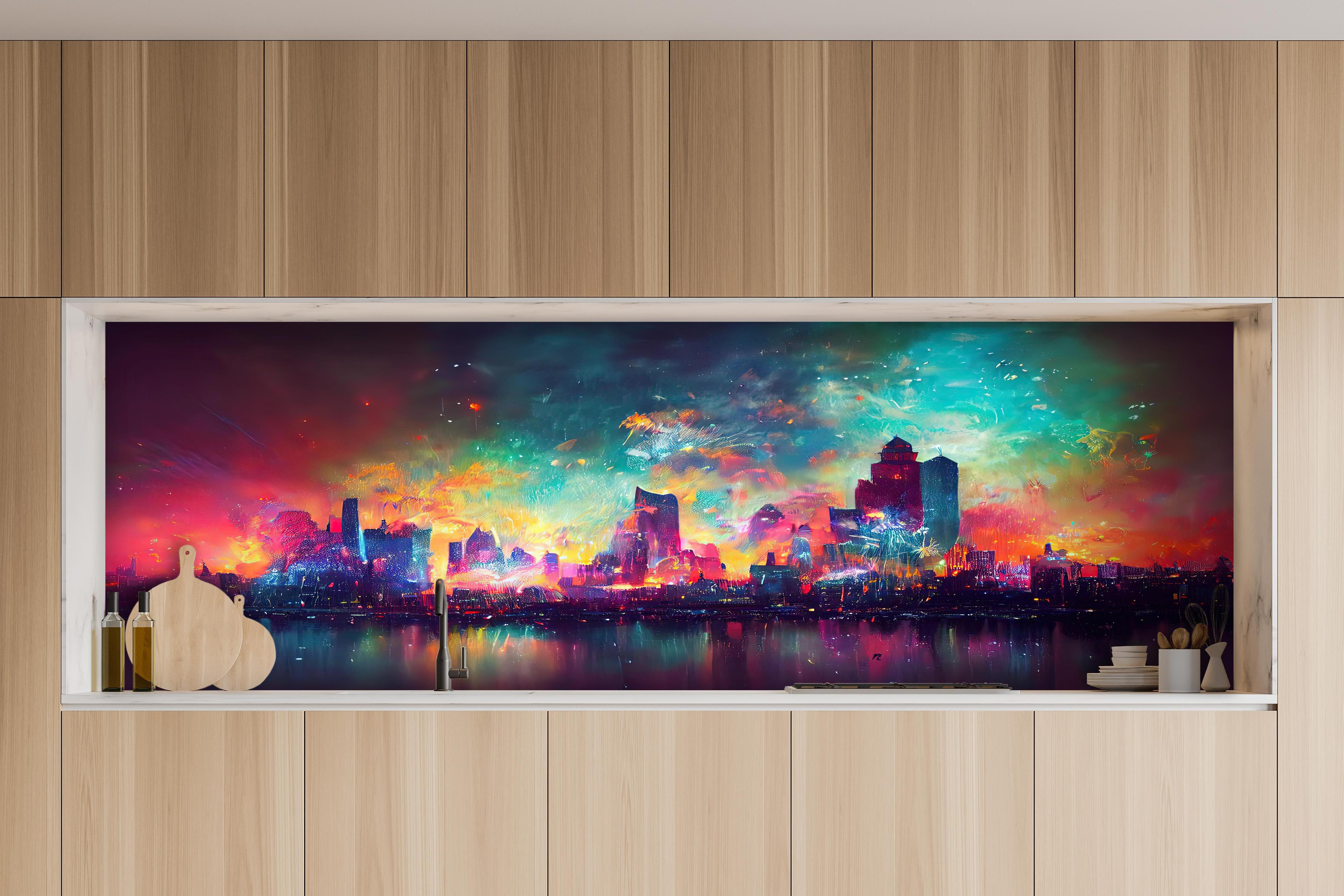Küche - Buntes Feuerwerk bei Nacht - Graphik hinter weißen Hochglanz-Küchenregalen und schwarzem Wasserhahn