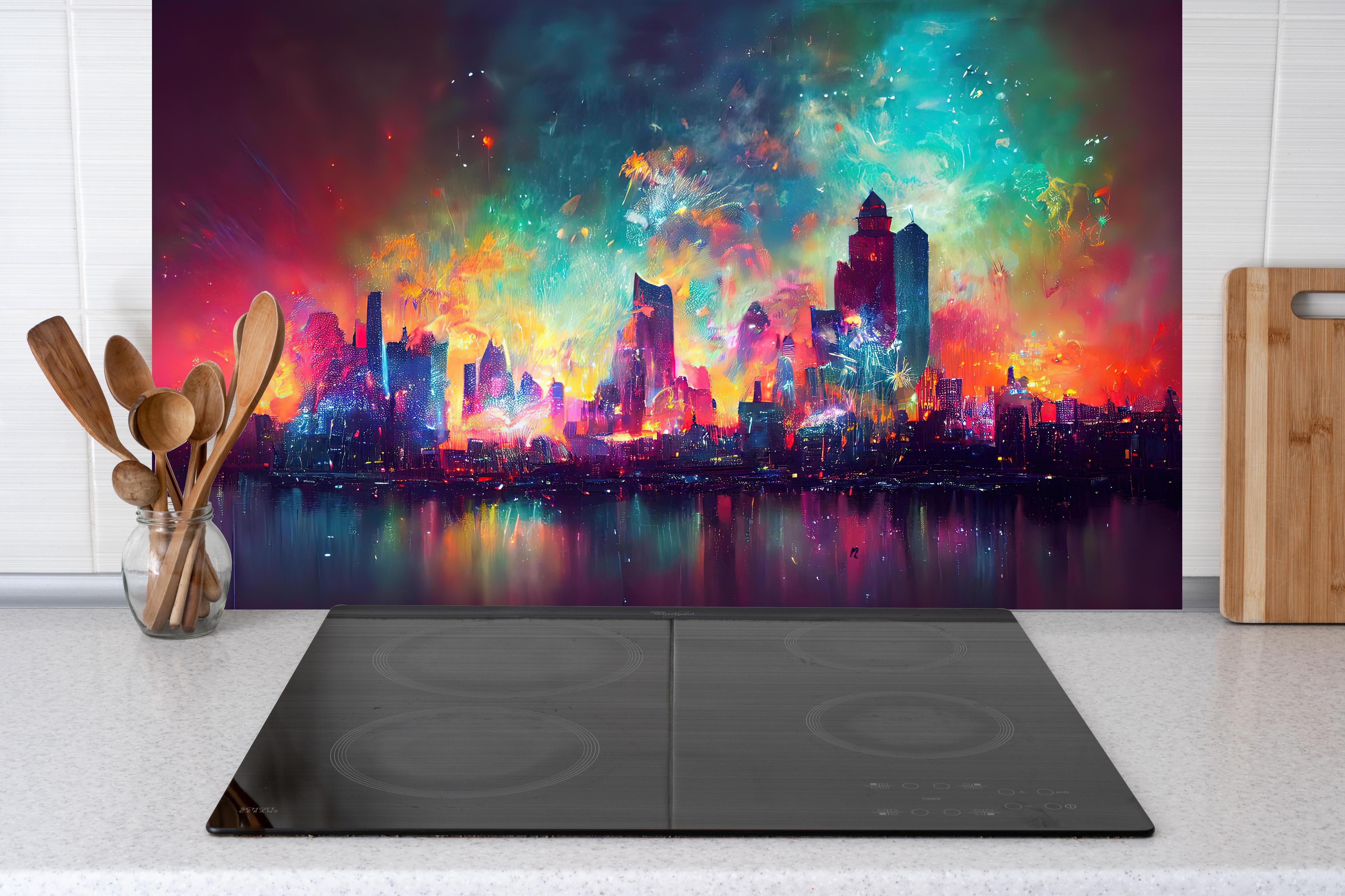 Küche - Buntes Feuerwerk bei Nacht - Graphik hinter weißen Hochglanz-Küchenregalen und schwarzem Wasserhahn